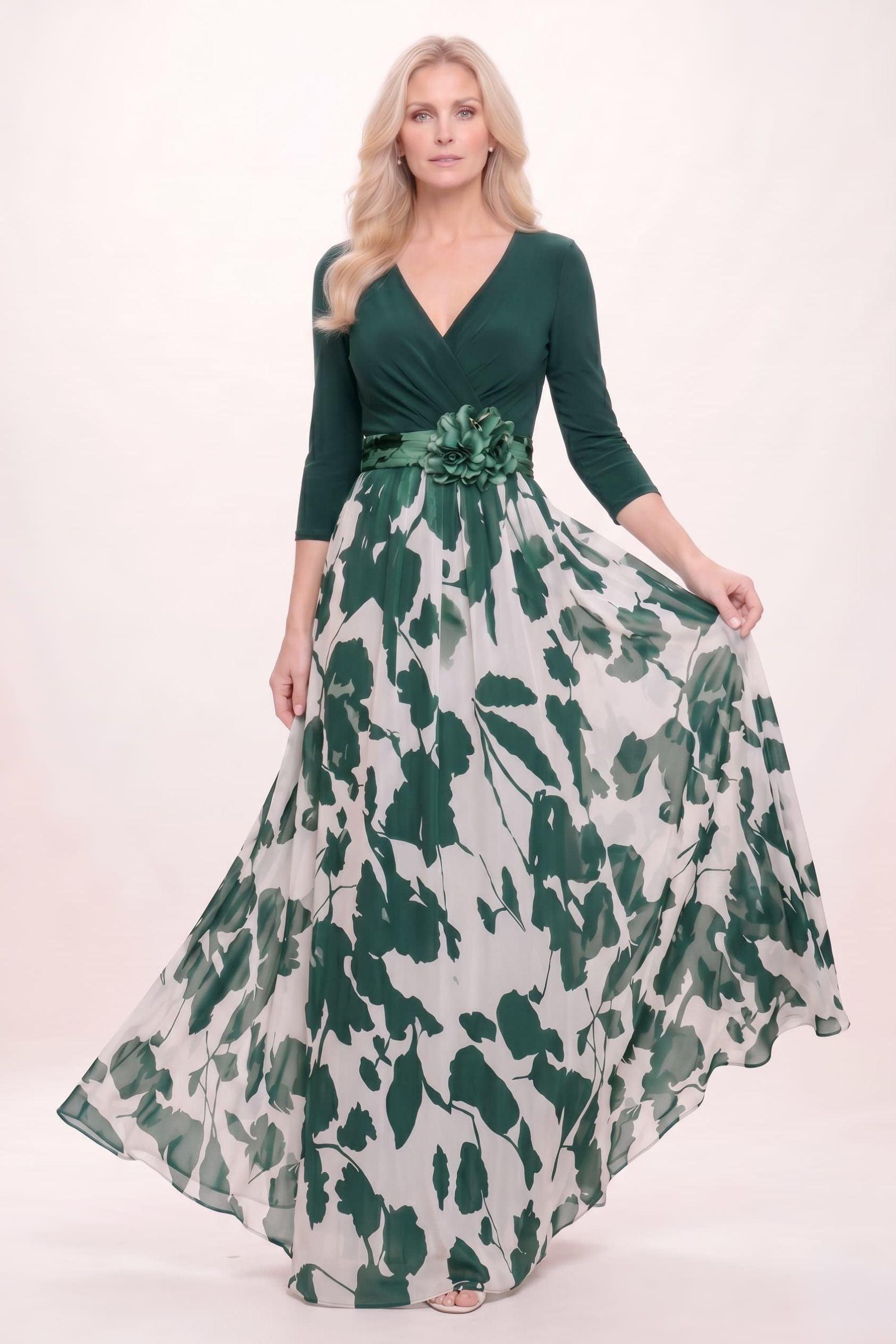 A-Line Maxi Stretch Satin Printed Chiffon Mother of the Bride Dress CM0441