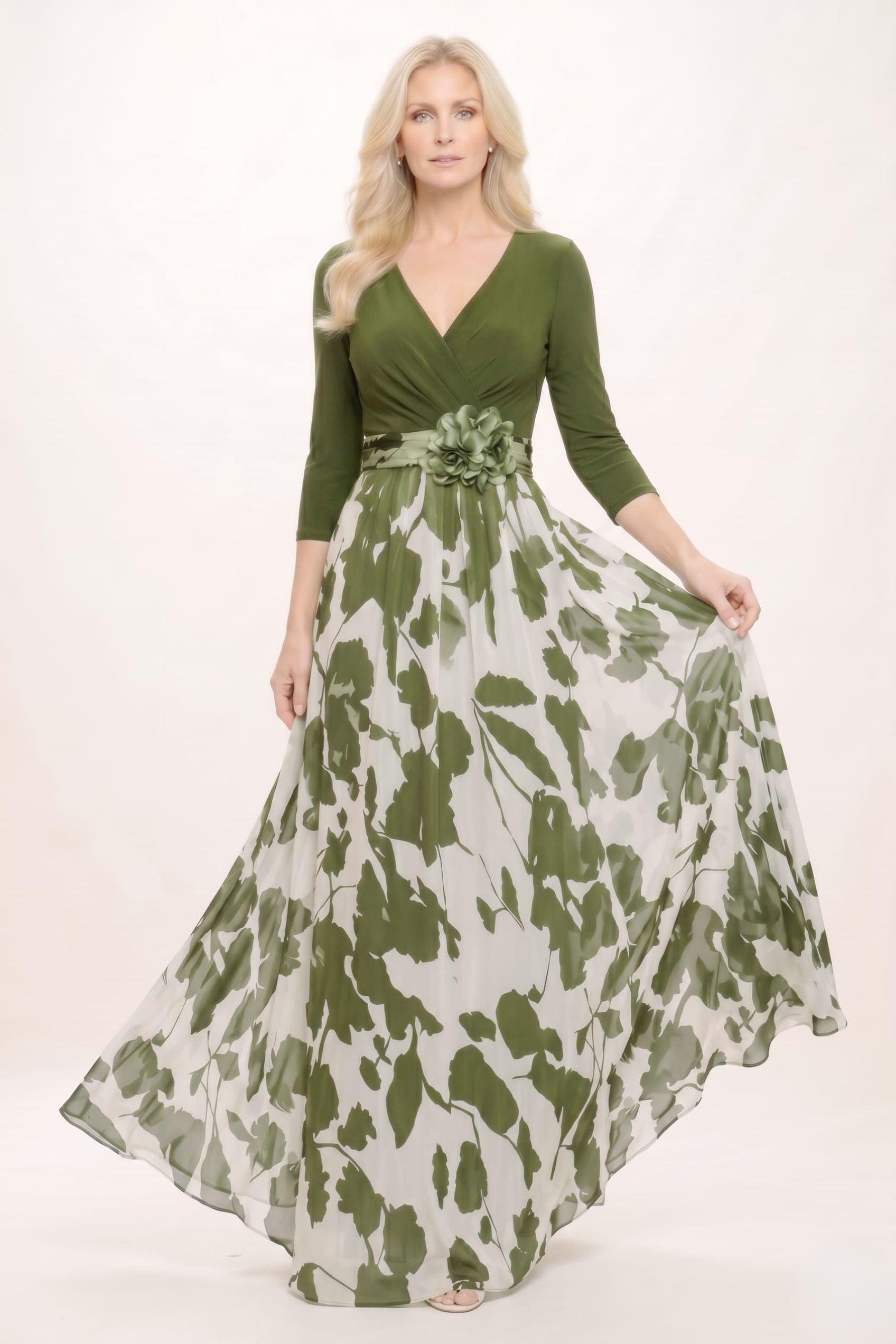 A-Line Maxi Stretch Satin Printed Chiffon Mother of the Bride Dress CM0441