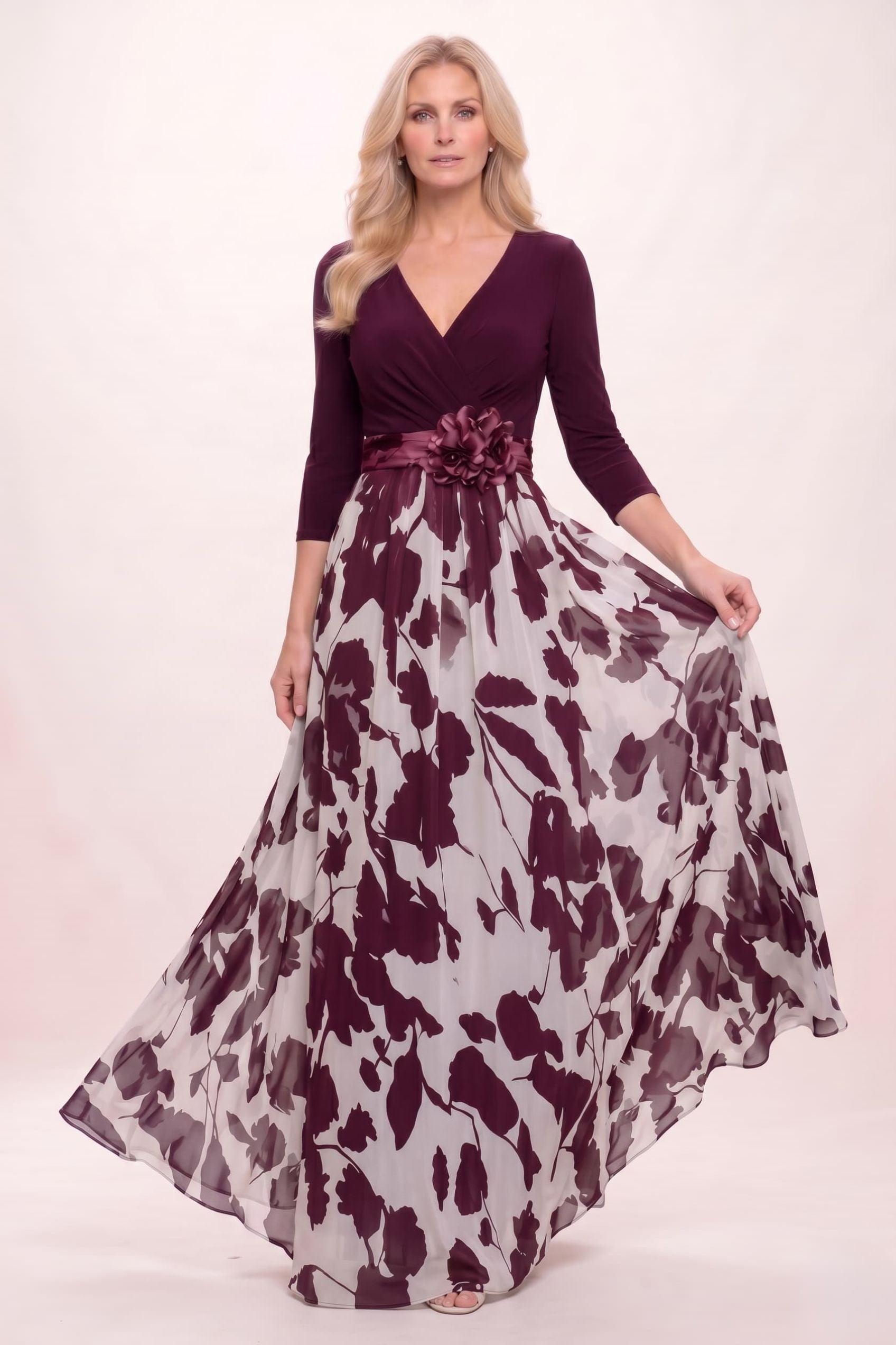 A-Line Maxi Stretch Satin Printed Chiffon Mother of the Bride Dress CM0441