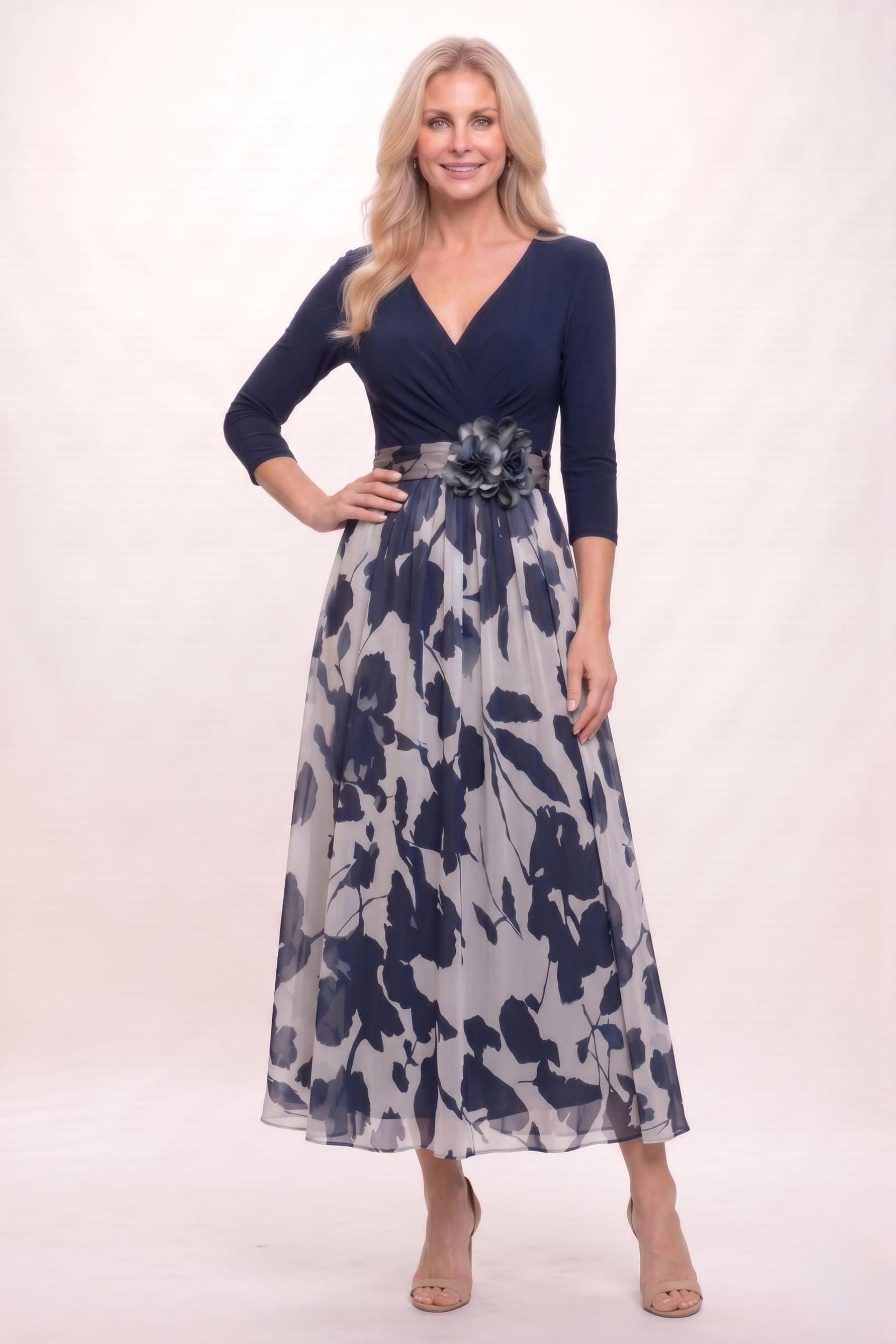 A-Line Ankle Length Stretch Satin Printed Chiffon Mother of the Bride Dress CM0444