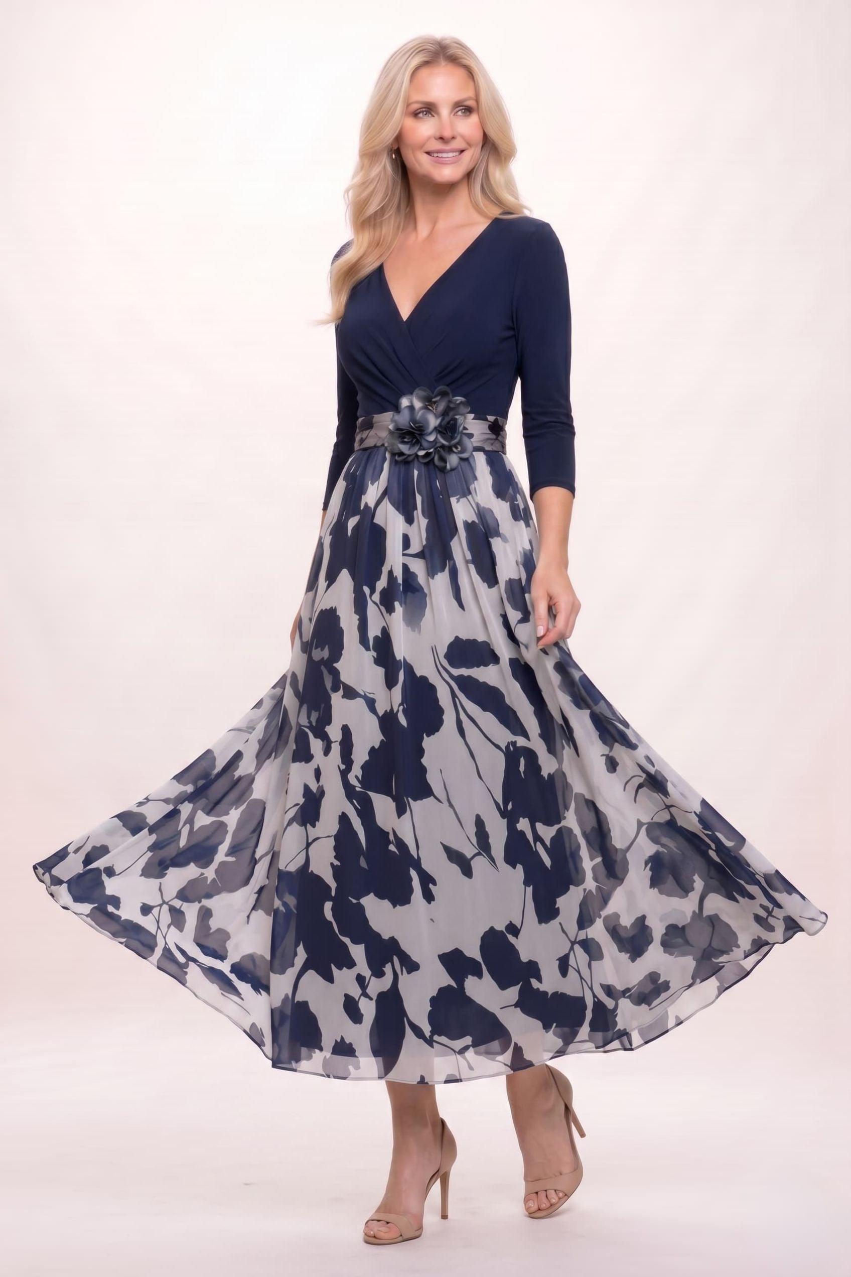 A-Line Ankle Length Stretch Satin Printed Chiffon Mother of the Bride Dress CM0444
