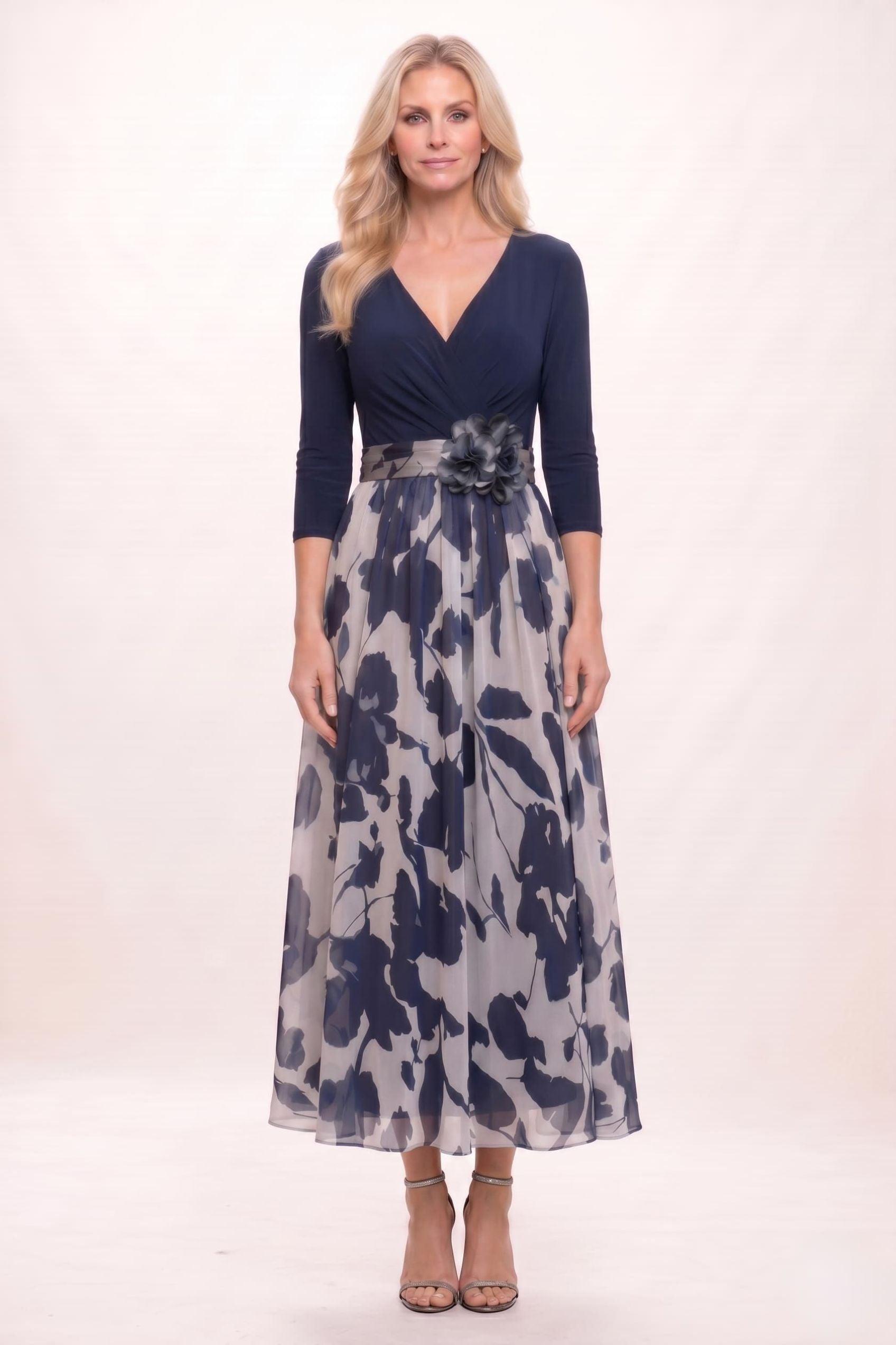 A-Line Ankle Length Stretch Satin Printed Chiffon Mother of the Bride Dress CM0444