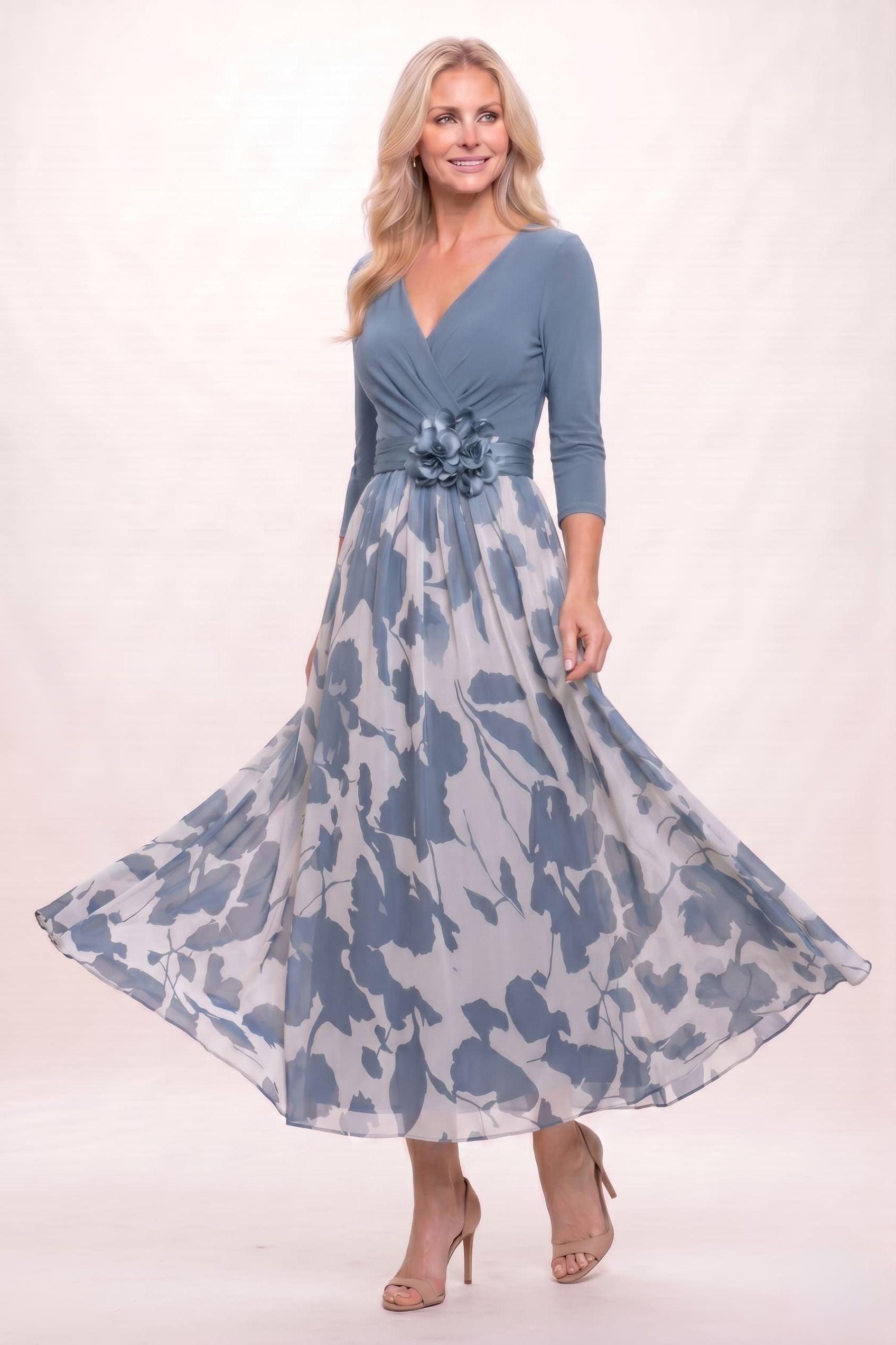 A-Line Ankle Length Stretch Satin Printed Chiffon Mother of the Bride Dress CM0444