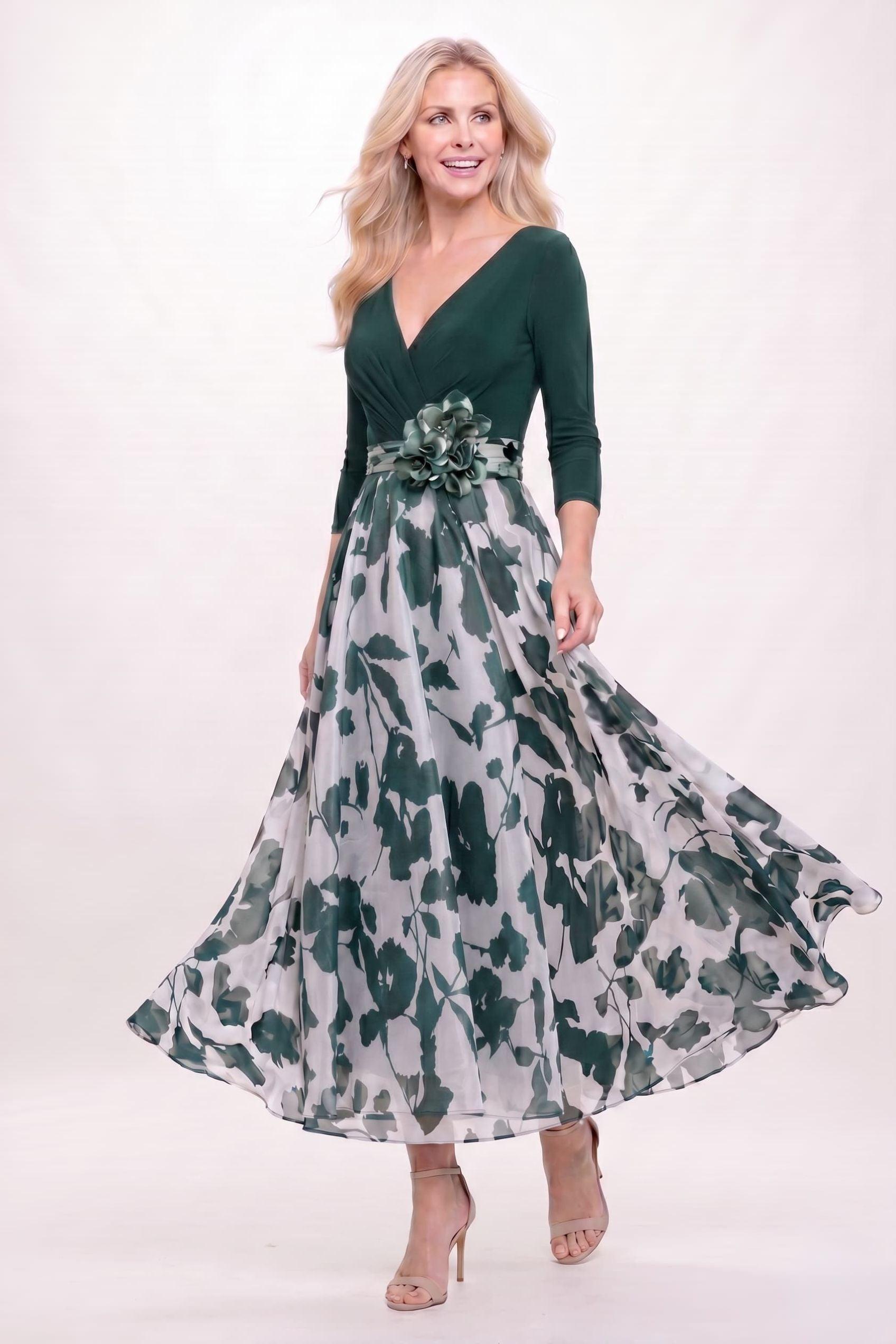 A-Line Ankle Length Stretch Satin Printed Chiffon Mother of the Bride Dress CM0444