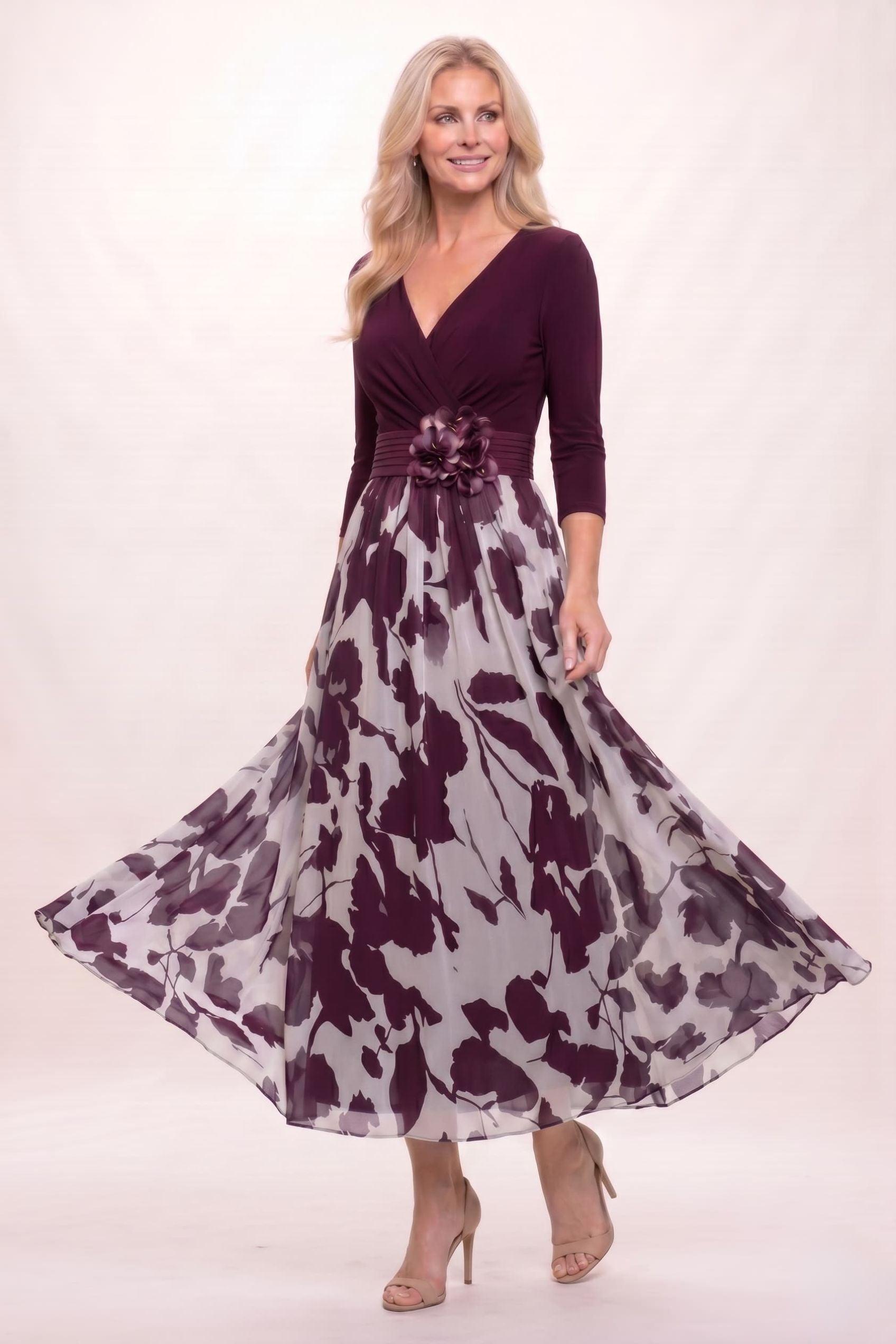 A-Line Ankle Length Stretch Satin Printed Chiffon Mother of the Bride Dress CM0444