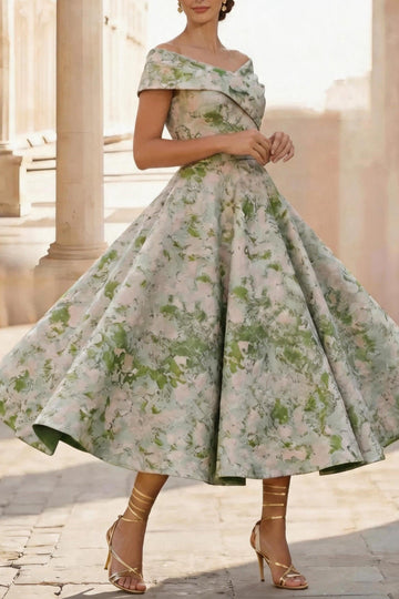 A-Line Tea Length Jacquard Mother of the Bride Dress CM0464
