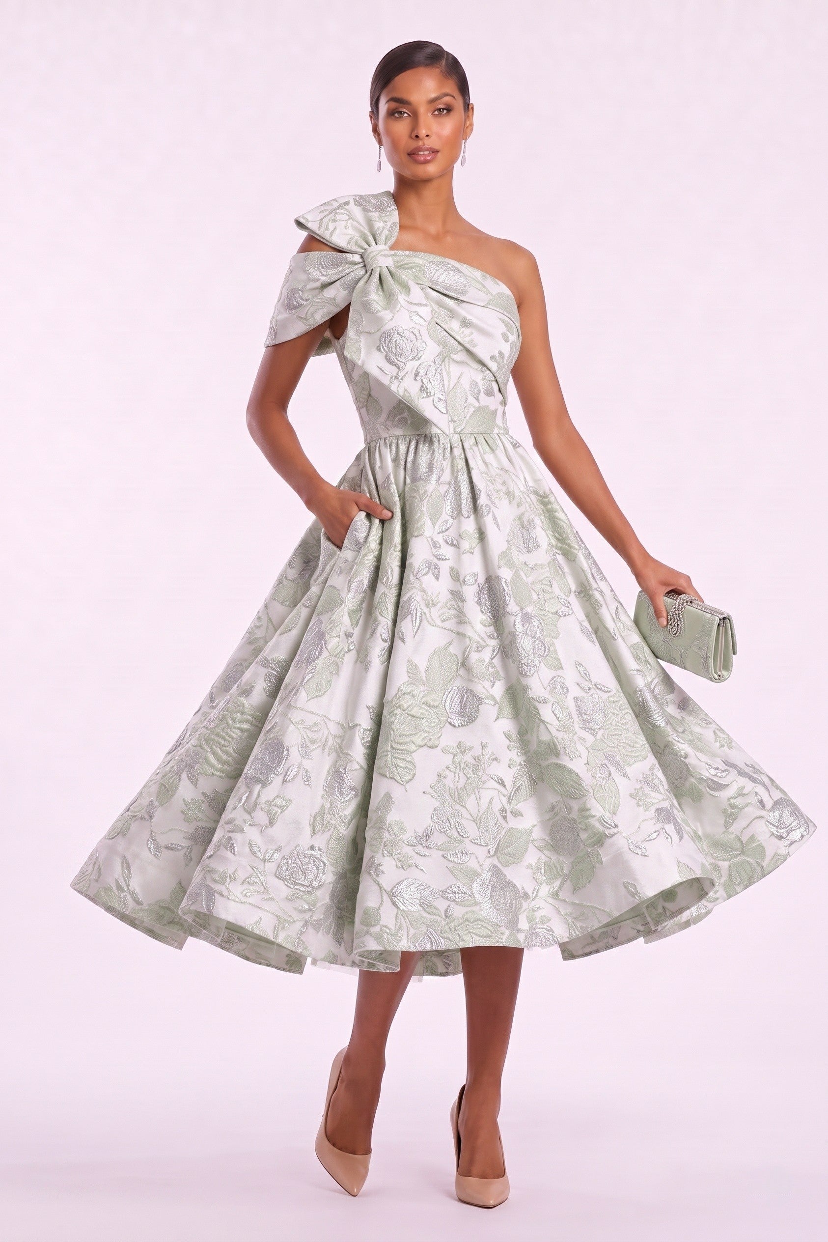 A-Line Tea Length Jacquard Mother of the Bride Dress CM0477