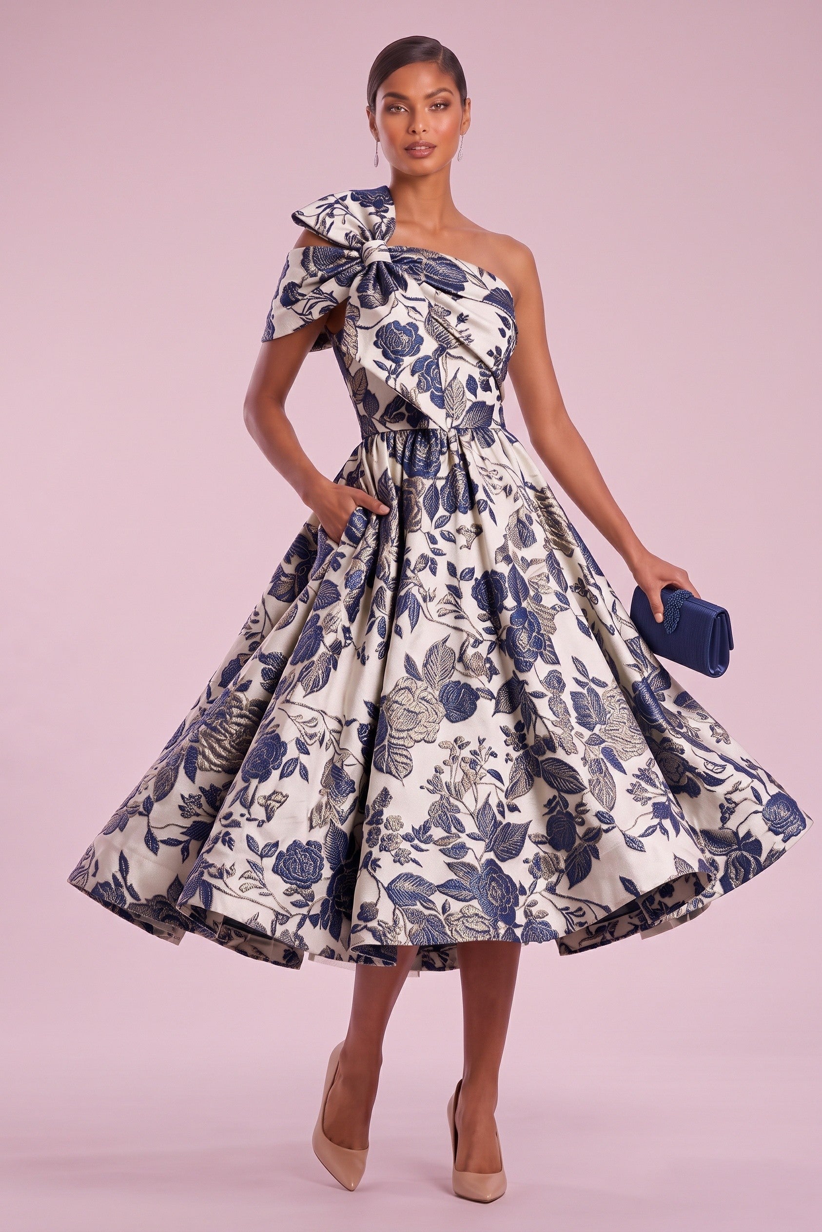 A-Line Tea Length Jacquard Mother of the Bride Dress CM0477