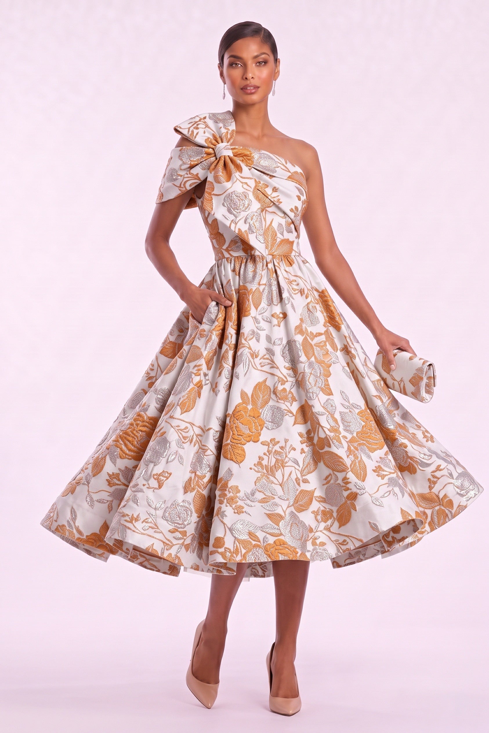A-Line Tea Length Jacquard Mother of the Bride Dress CM0477