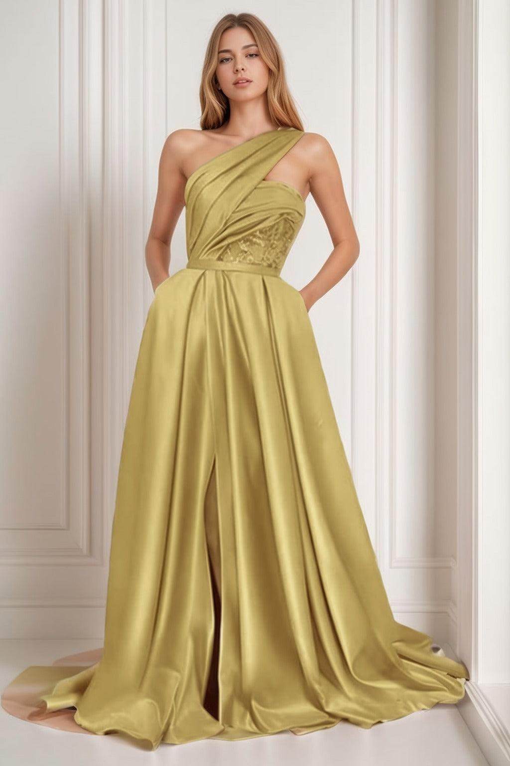 A-Line Sweep-Brush Train Satin Prom Dress CS0429