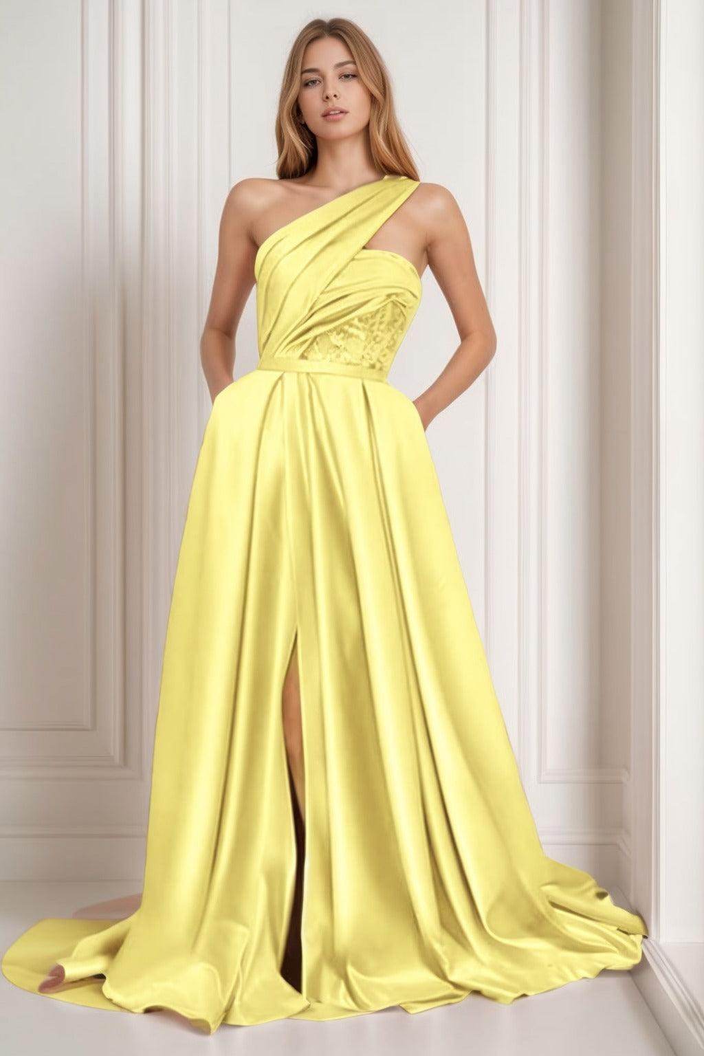 A-Line Sweep-Brush Train Satin Prom Dress CS0429