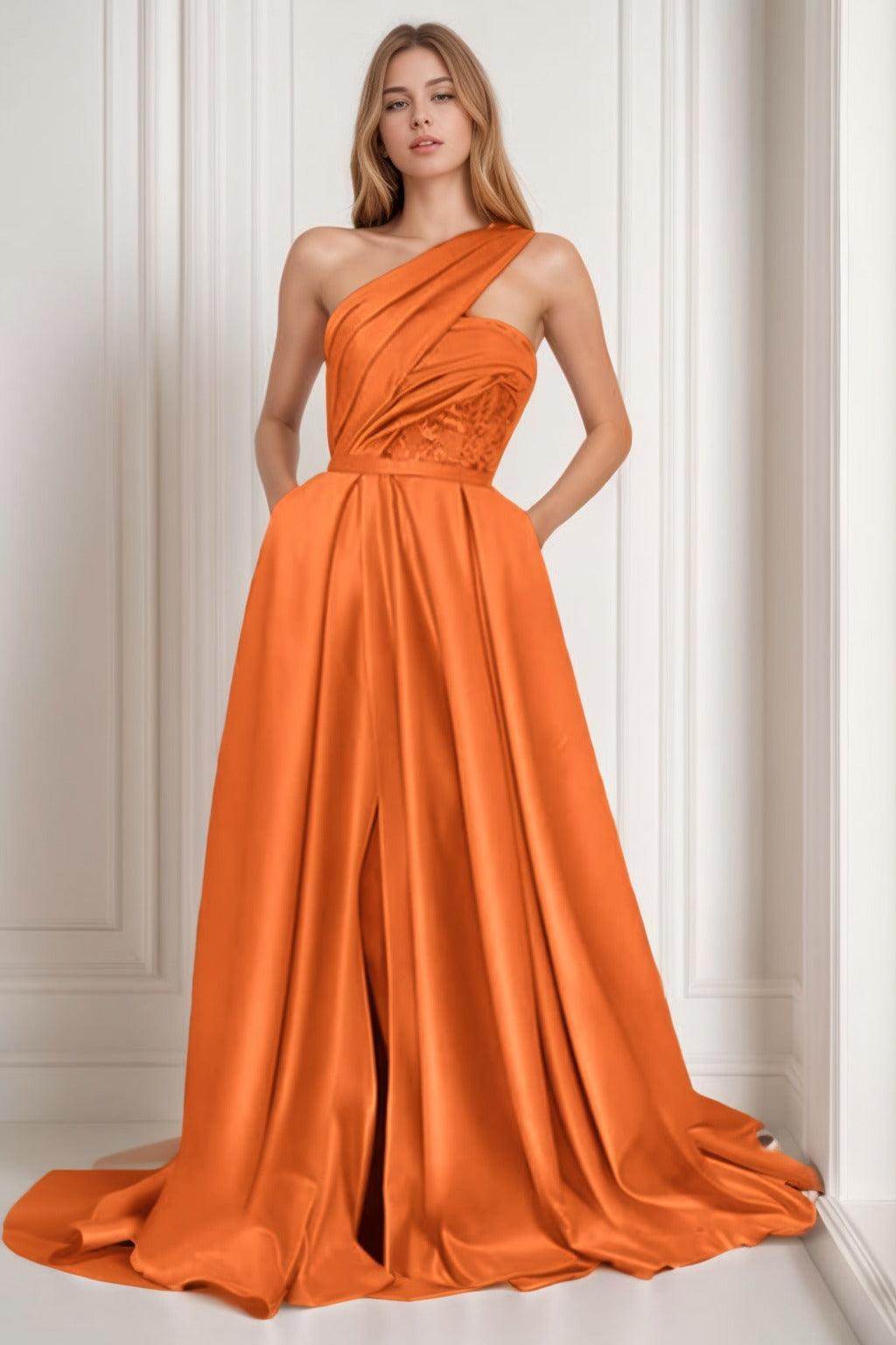 A-Line Sweep-Brush Train Satin Prom Dress CS0429