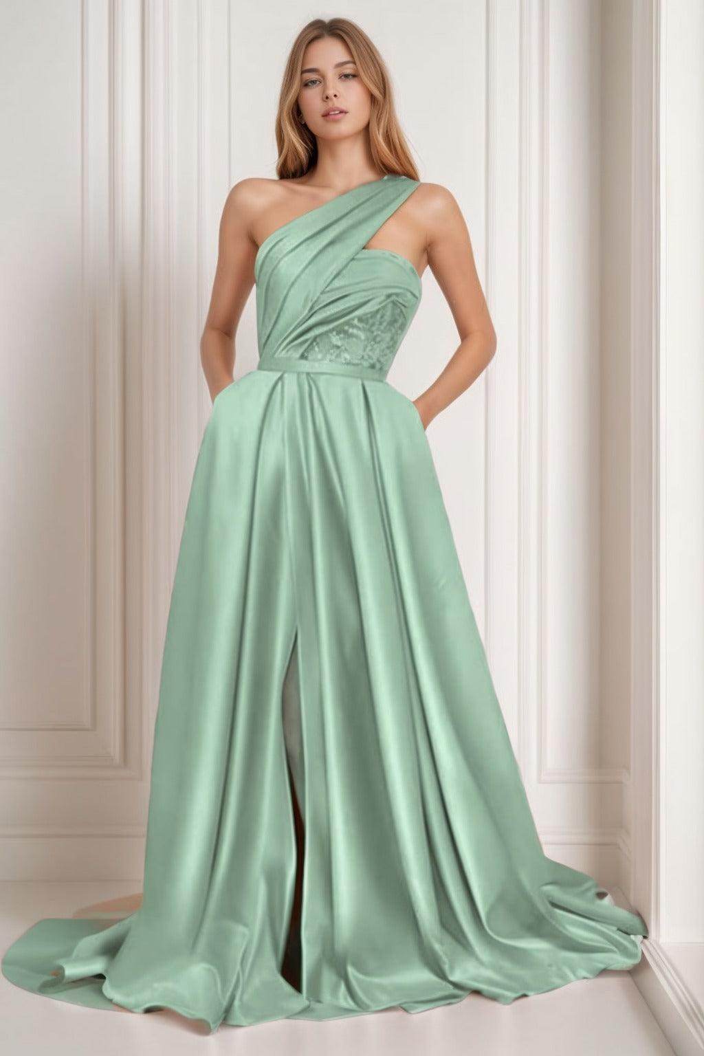 A-Line Sweep-Brush Train Satin Prom Dress CS0429