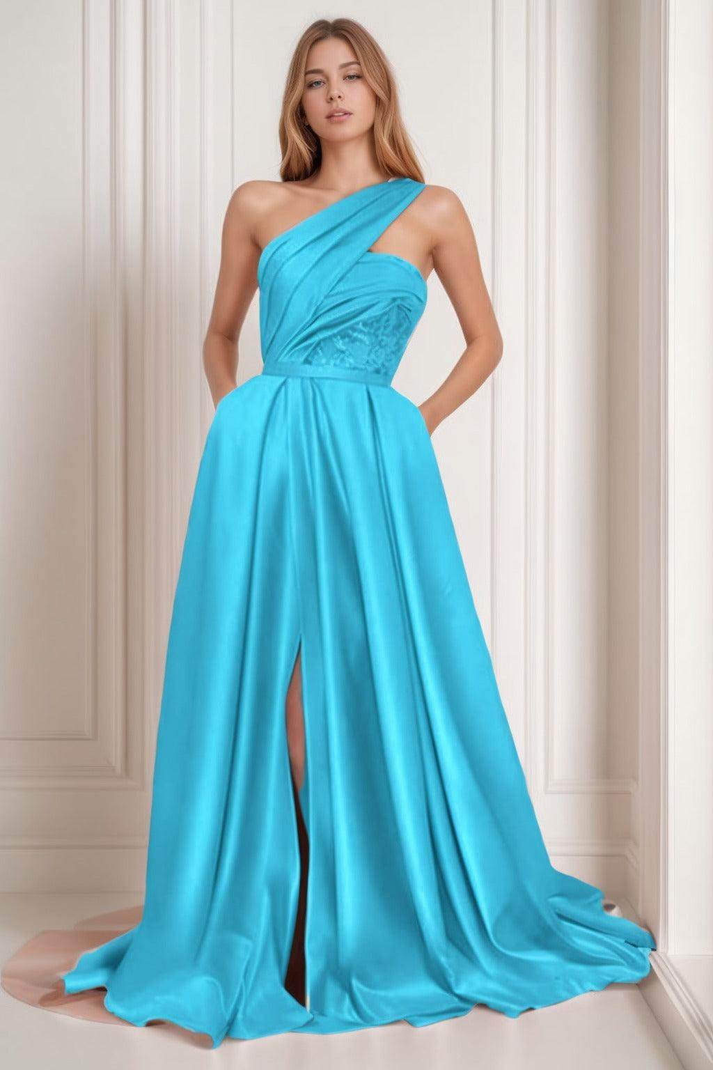 A-Line Sweep-Brush Train Satin Prom Dress CS0429