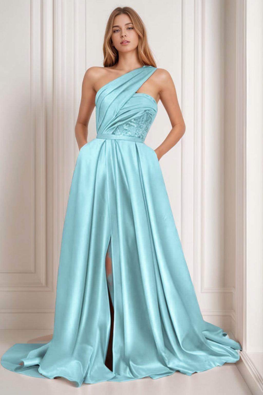 A-Line Sweep-Brush Train Satin Prom Dress CS0429