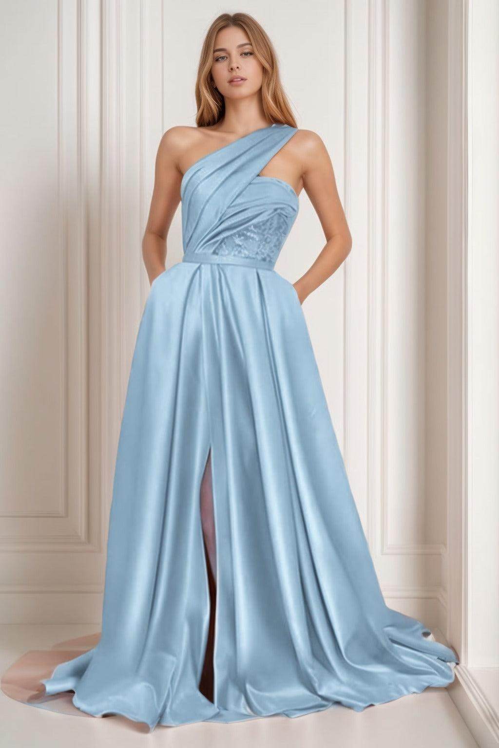 A-Line Sweep-Brush Train Satin Prom Dress CS0429