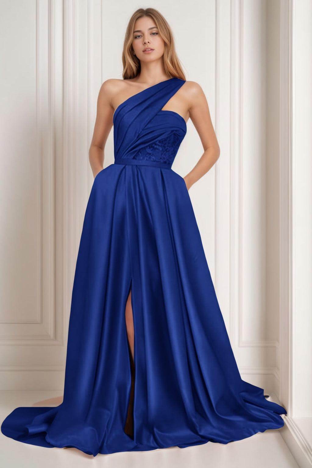 A-Line Sweep-Brush Train Satin Prom Dress CS0429