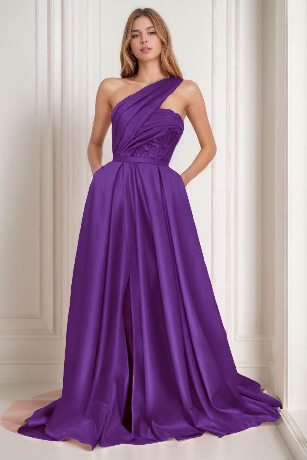 A-Line Sweep-Brush Train Satin Prom Dress CS0429