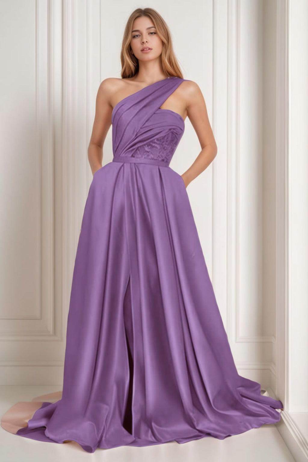 A-Line Sweep-Brush Train Satin Prom Dress CS0429