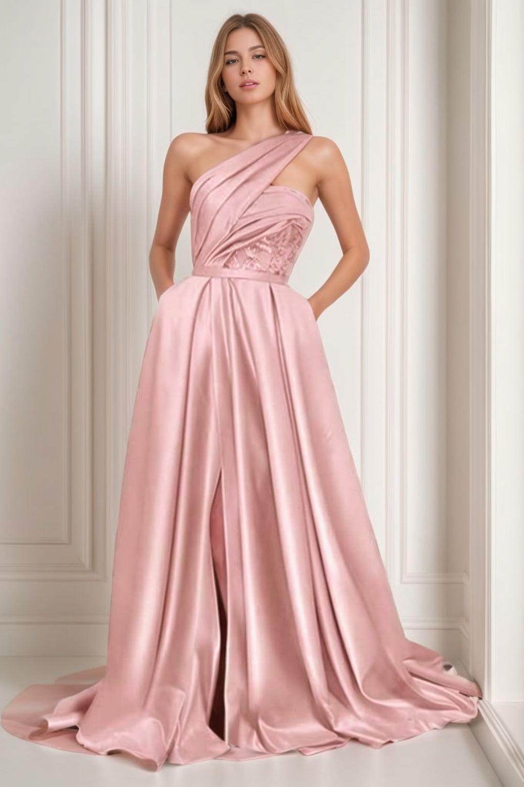 A-Line Sweep-Brush Train Satin Prom Dress CS0429