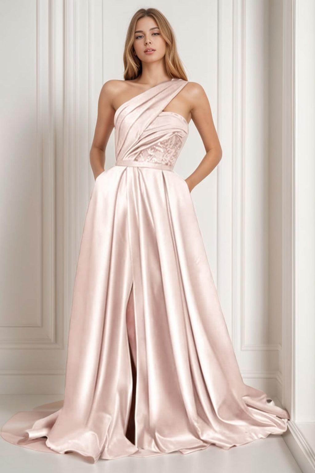 A-Line Sweep-Brush Train Satin Prom Dress CS0429