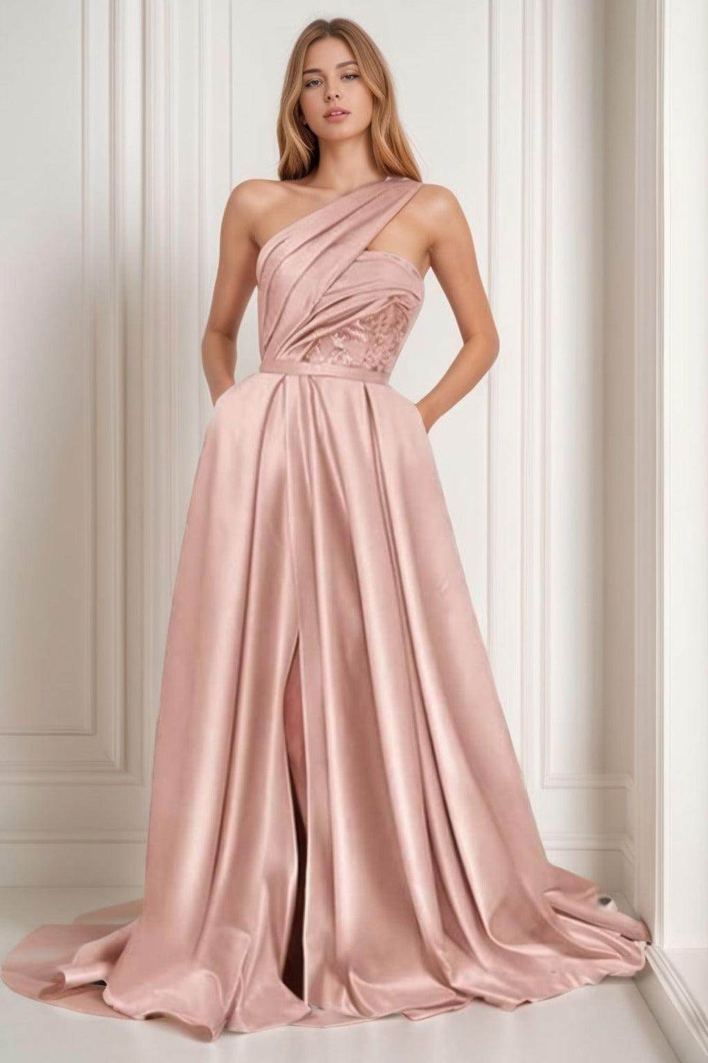 A-Line Sweep-Brush Train Satin Prom Dress CS0429