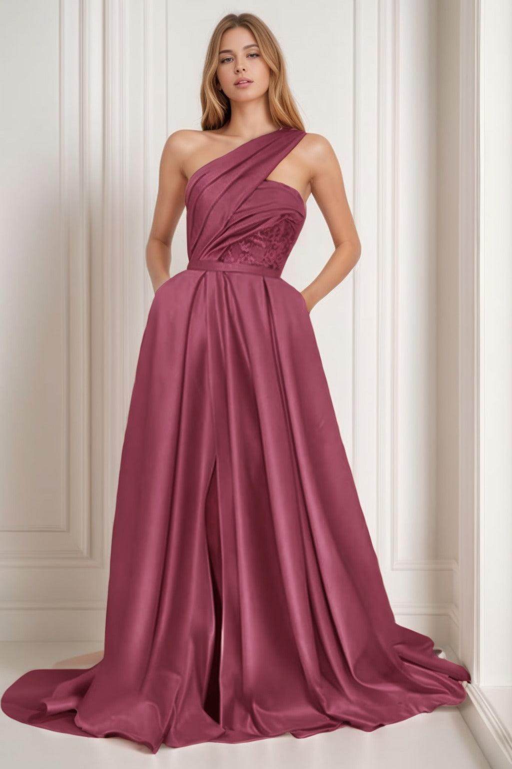 A-Line Sweep-Brush Train Satin Prom Dress CS0429