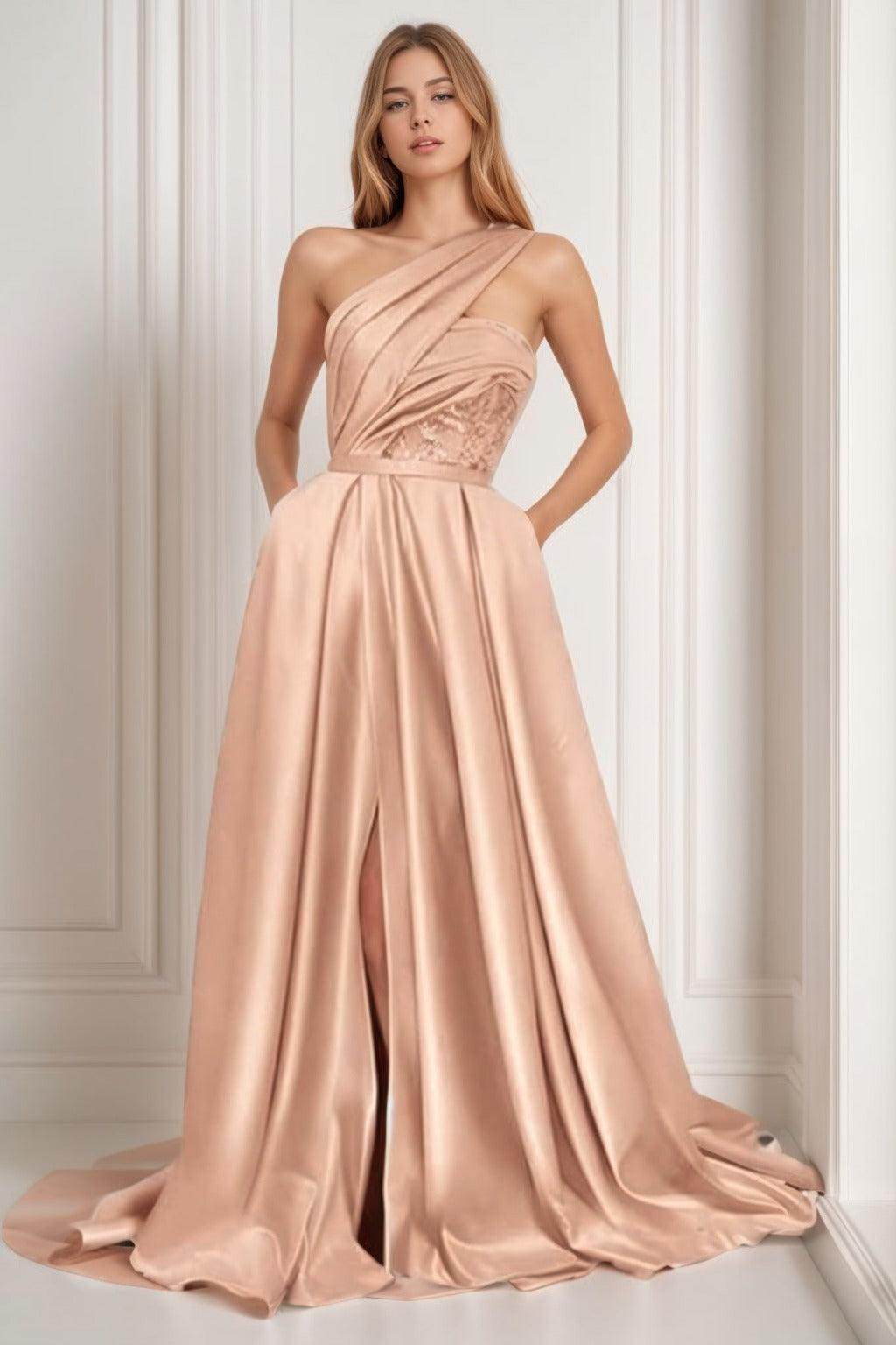 A-Line Sweep-Brush Train Satin Prom Dress CS0429