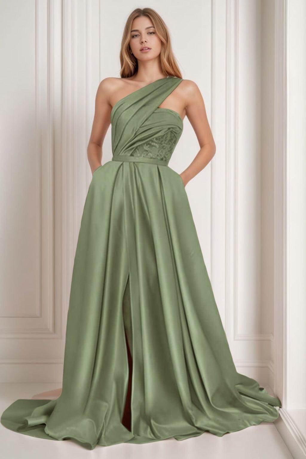 A-Line Sweep-Brush Train Satin Prom Dress CS0429