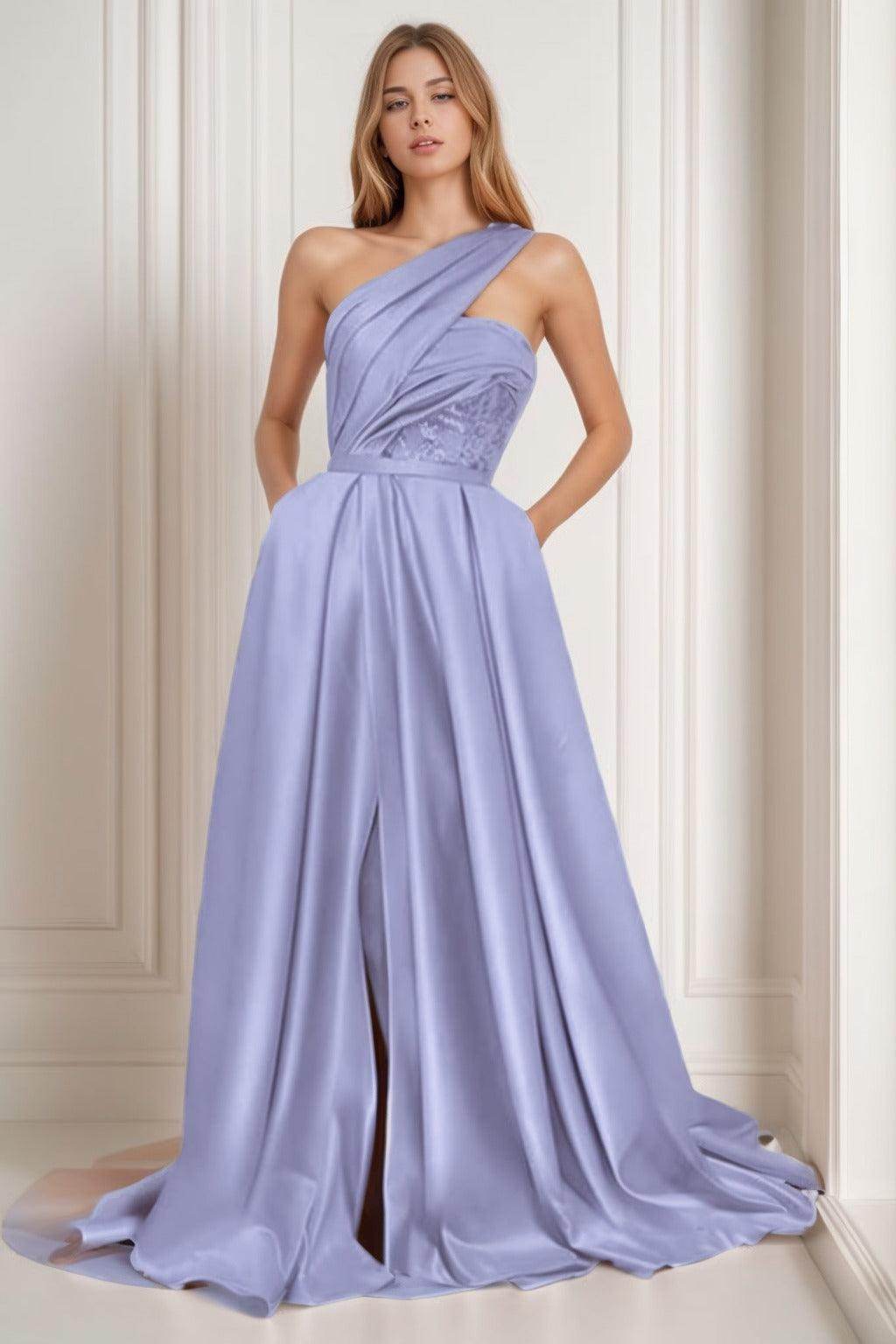 A-Line Sweep-Brush Train Satin Prom Dress CS0429
