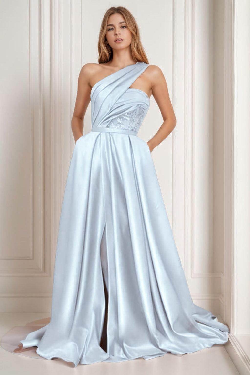 A-Line Sweep-Brush Train Satin Prom Dress CS0429