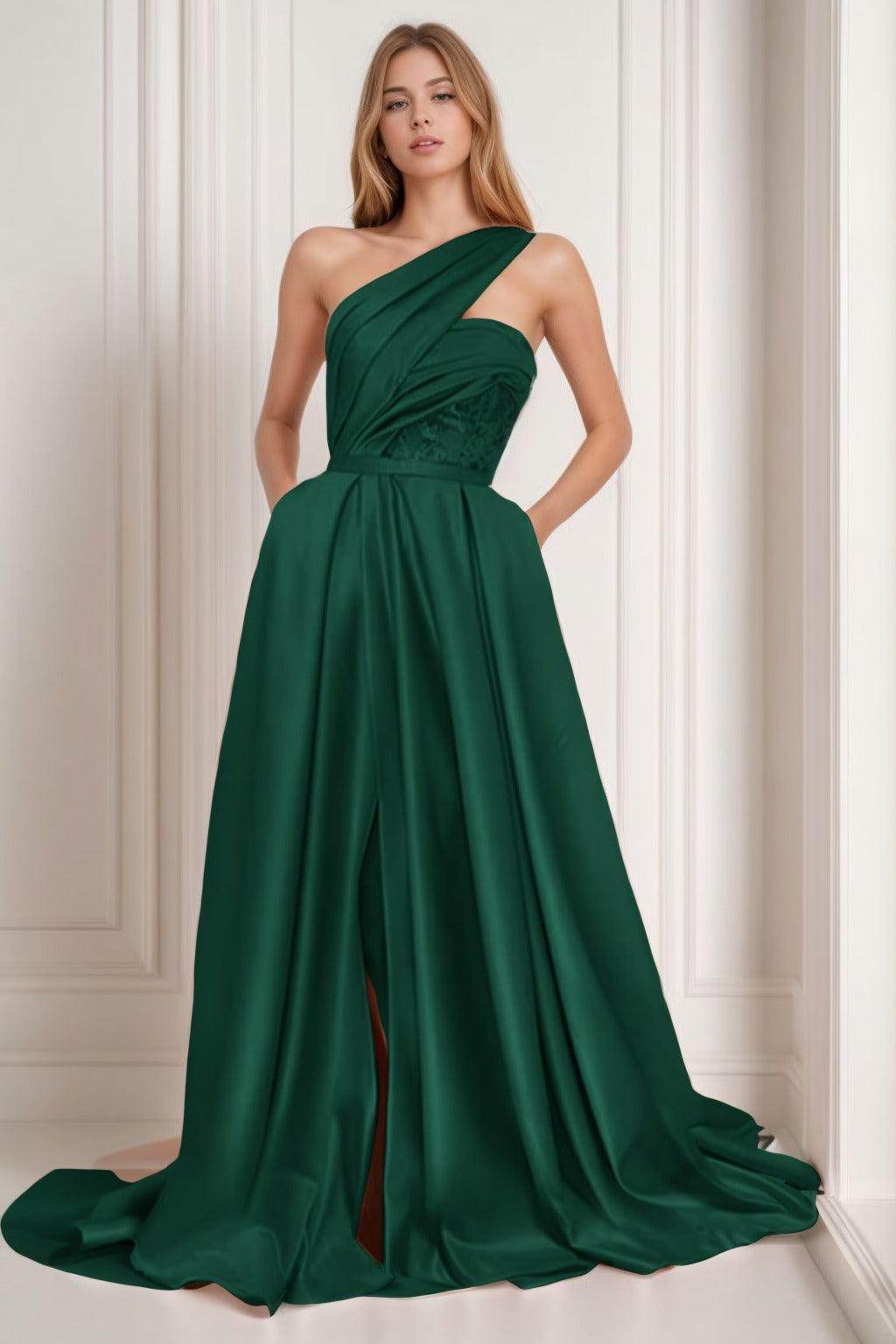 A-Line Sweep-Brush Train Satin Prom Dress CS0429