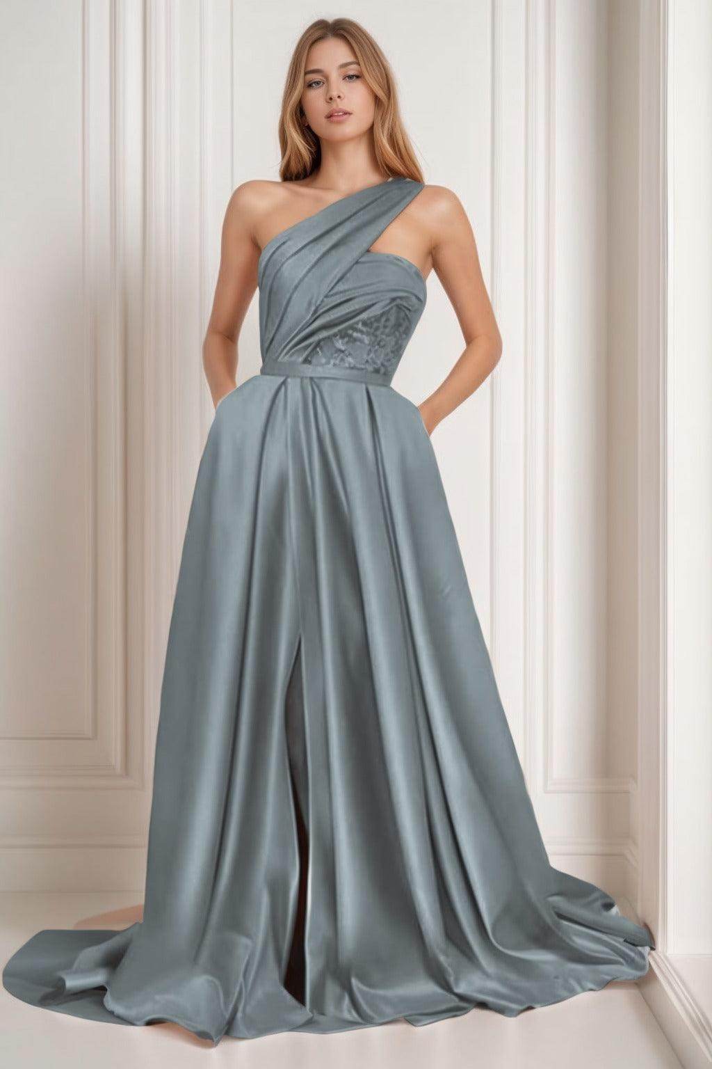 A-Line Sweep-Brush Train Satin Prom Dress CS0429