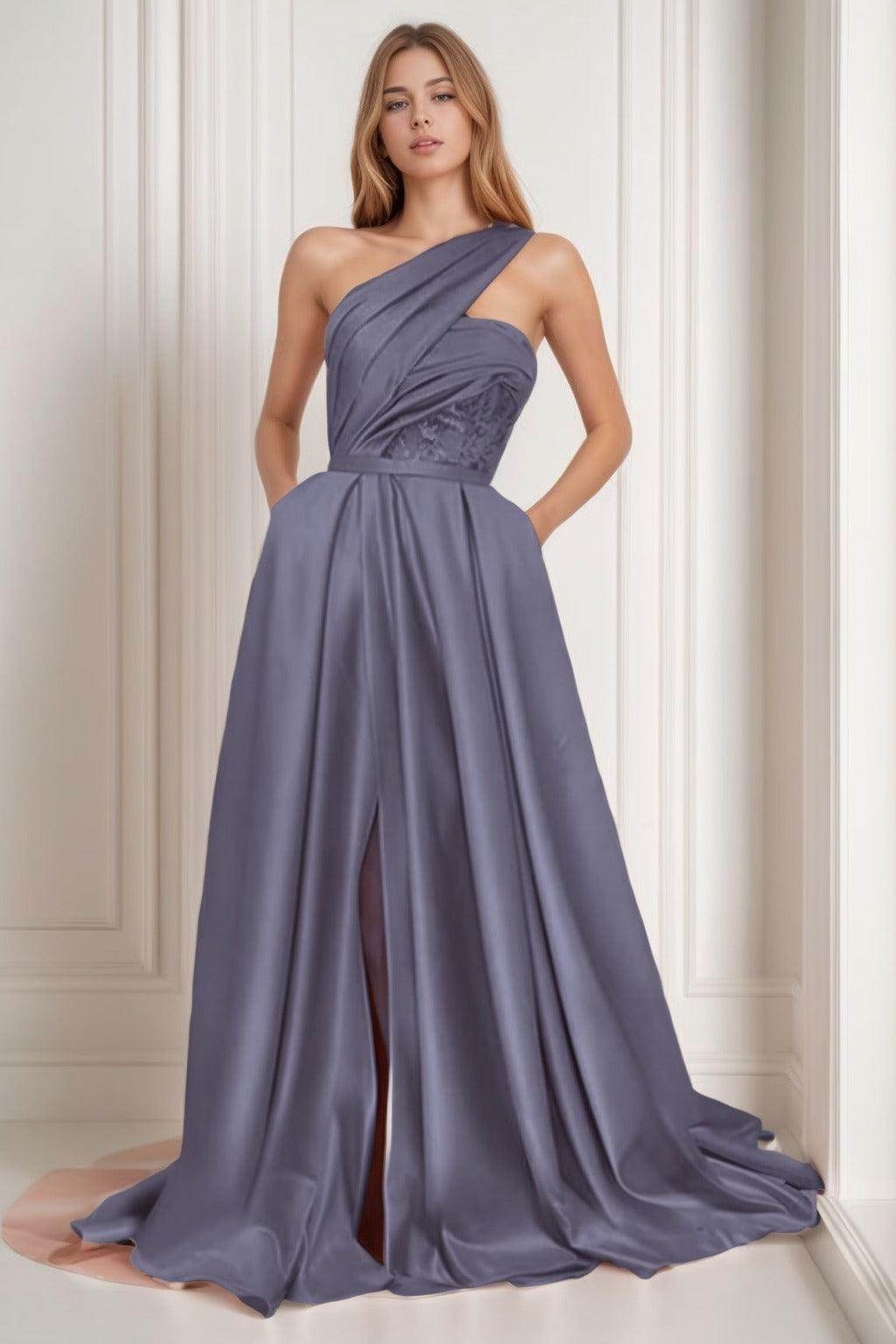 A-Line Sweep-Brush Train Satin Prom Dress CS0429
