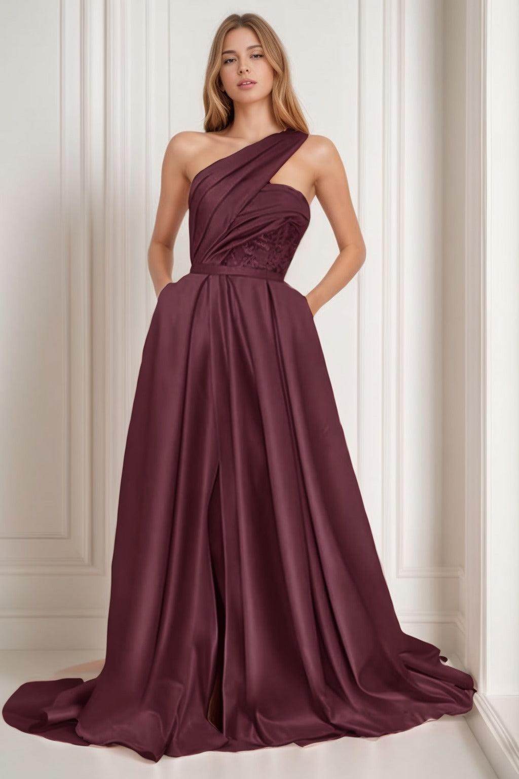 A-Line Sweep-Brush Train Satin Prom Dress CS0429