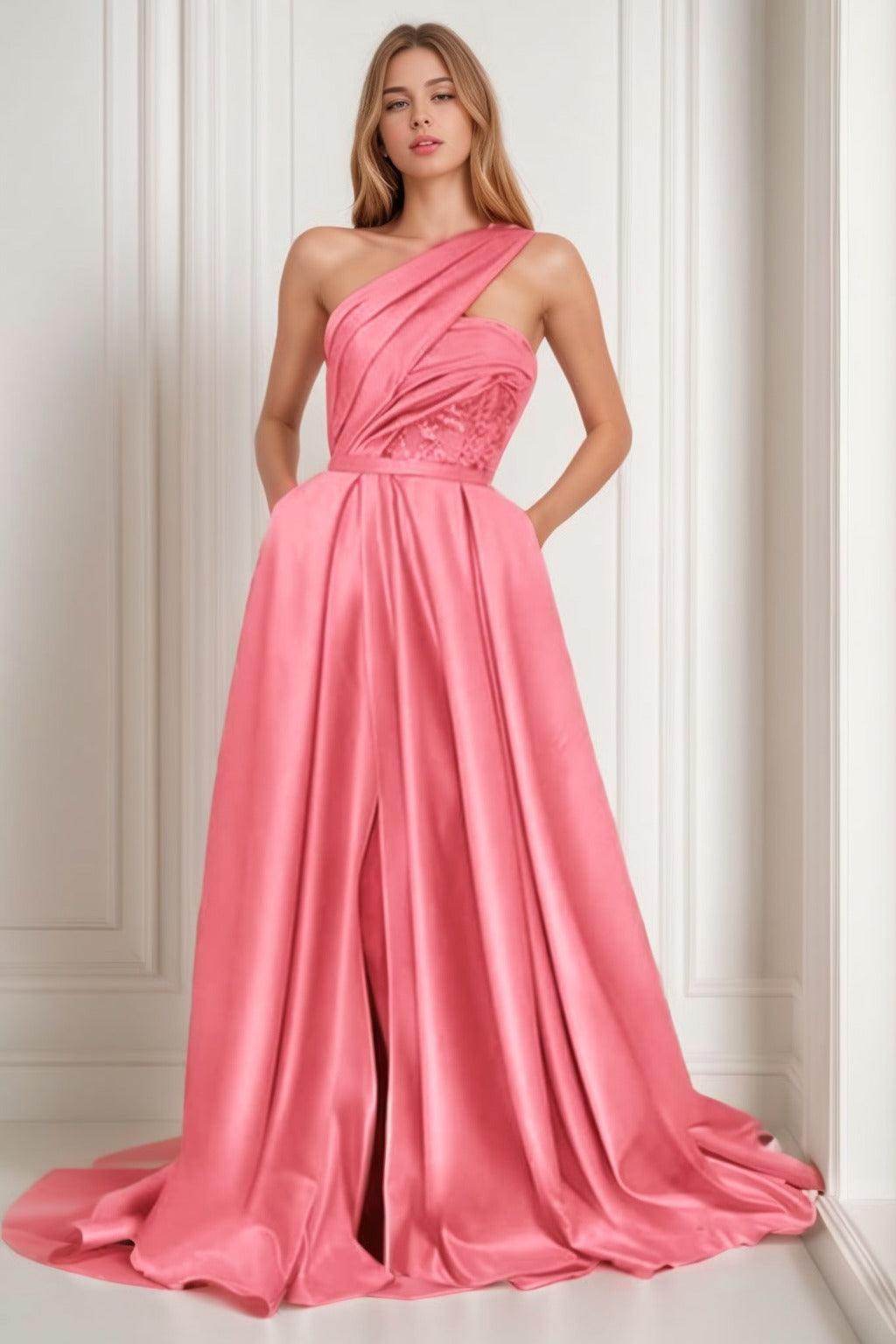 A-Line Sweep-Brush Train Satin Prom Dress CS0429