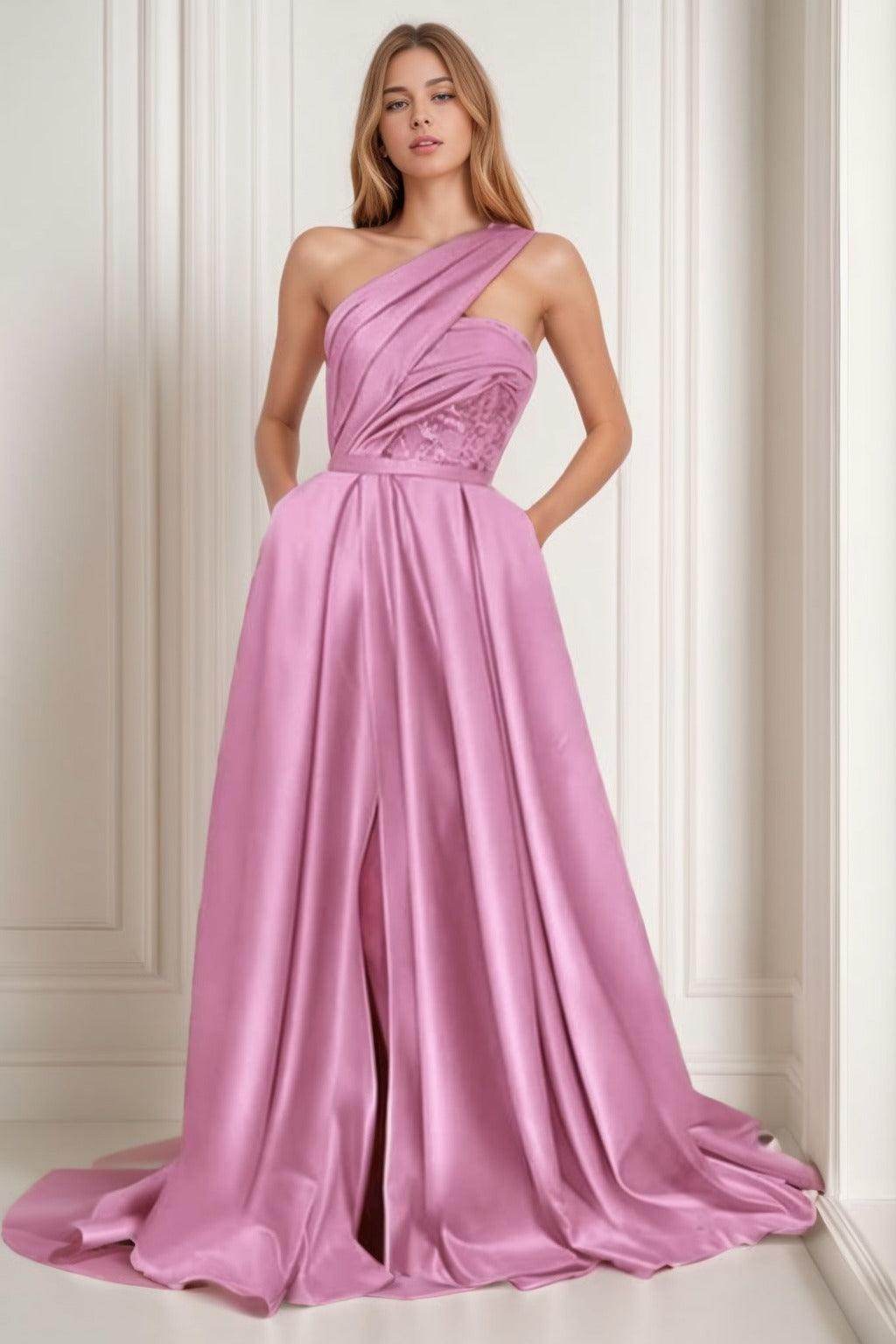 A-Line Sweep-Brush Train Satin Prom Dress CS0429