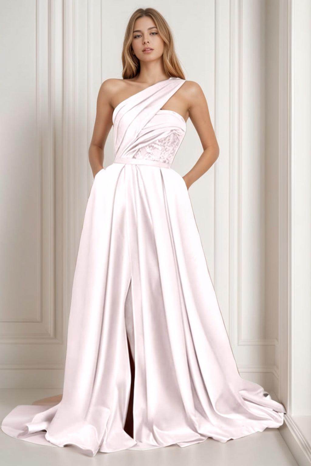 A-Line Sweep-Brush Train Satin Prom Dress CS0429