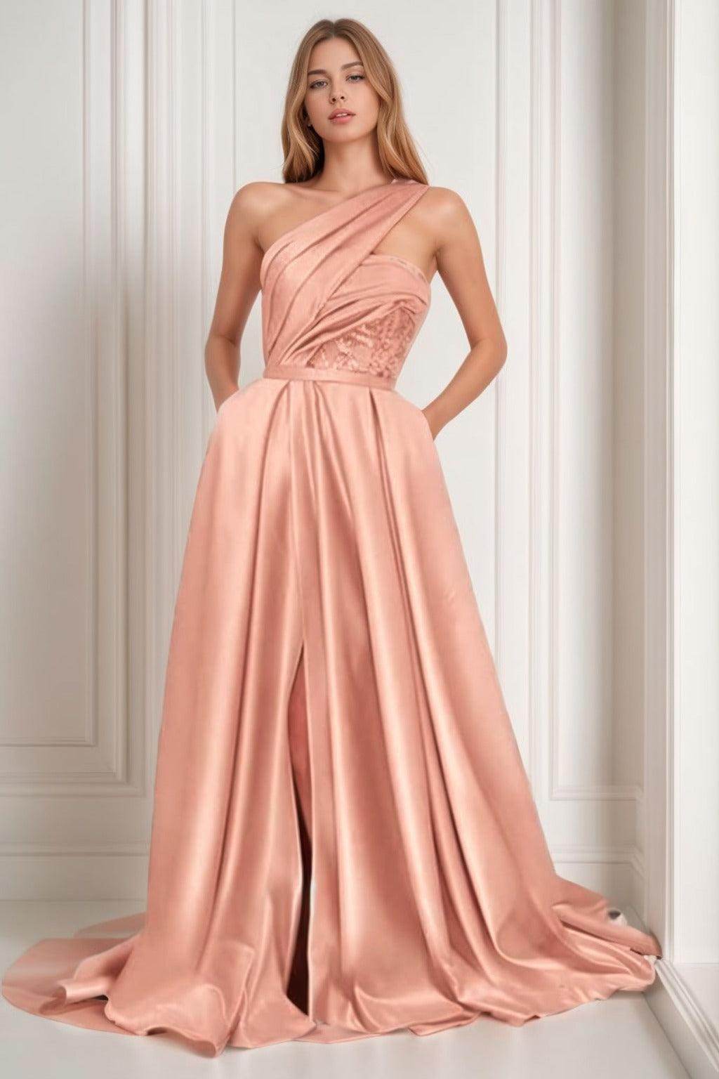 A-Line Sweep-Brush Train Satin Prom Dress CS0429