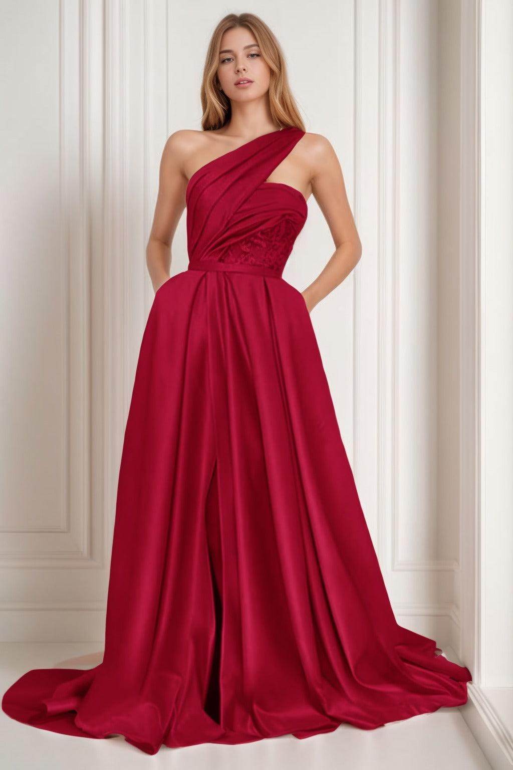 A-Line Sweep-Brush Train Satin Prom Dress CS0429