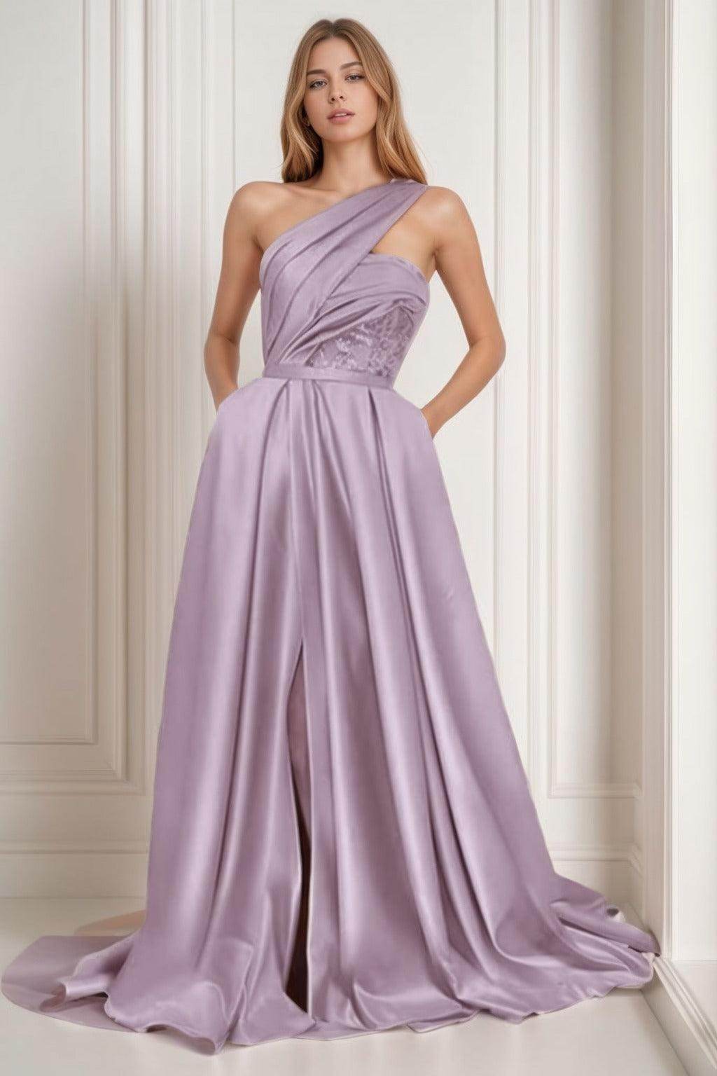 A-Line Sweep-Brush Train Satin Prom Dress CS0429