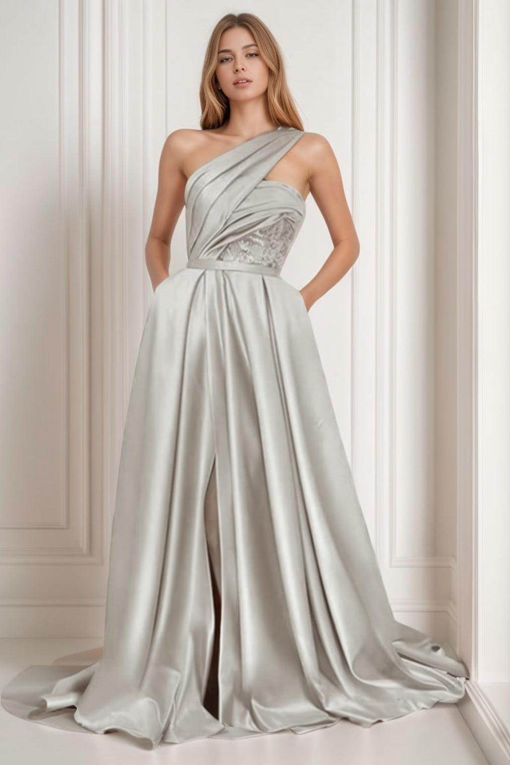 A-Line Sweep-Brush Train Satin Prom Dress CS0429