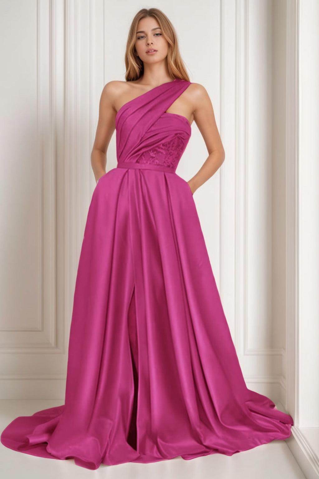 A-Line Sweep-Brush Train Satin Prom Dress CS0429