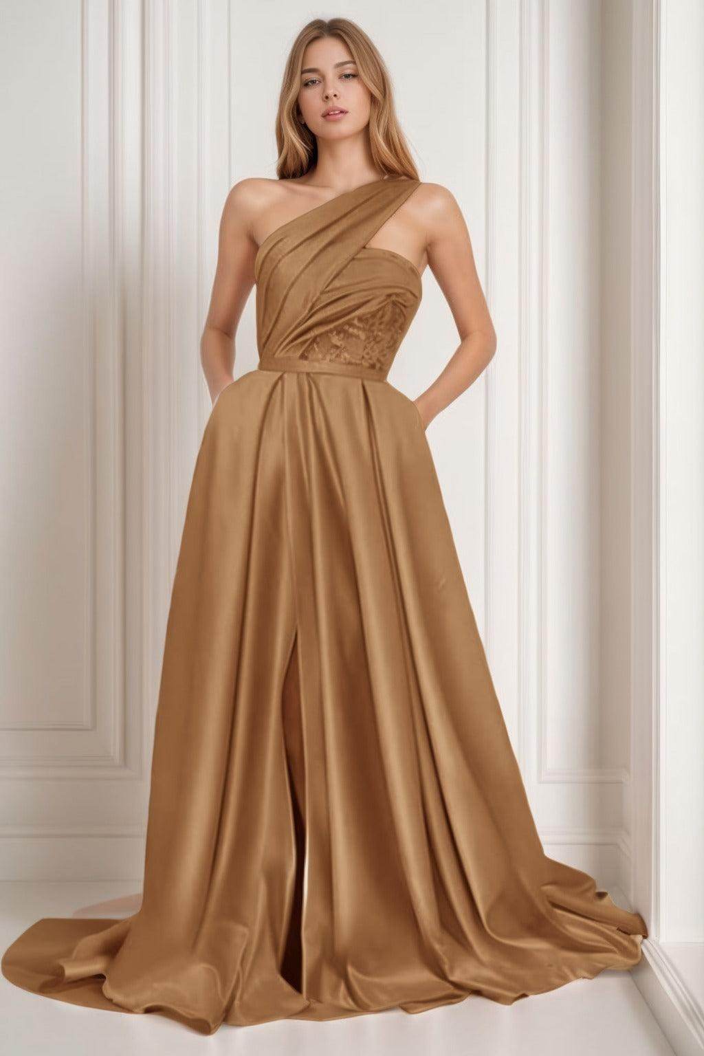 A-Line Sweep-Brush Train Satin Prom Dress CS0429