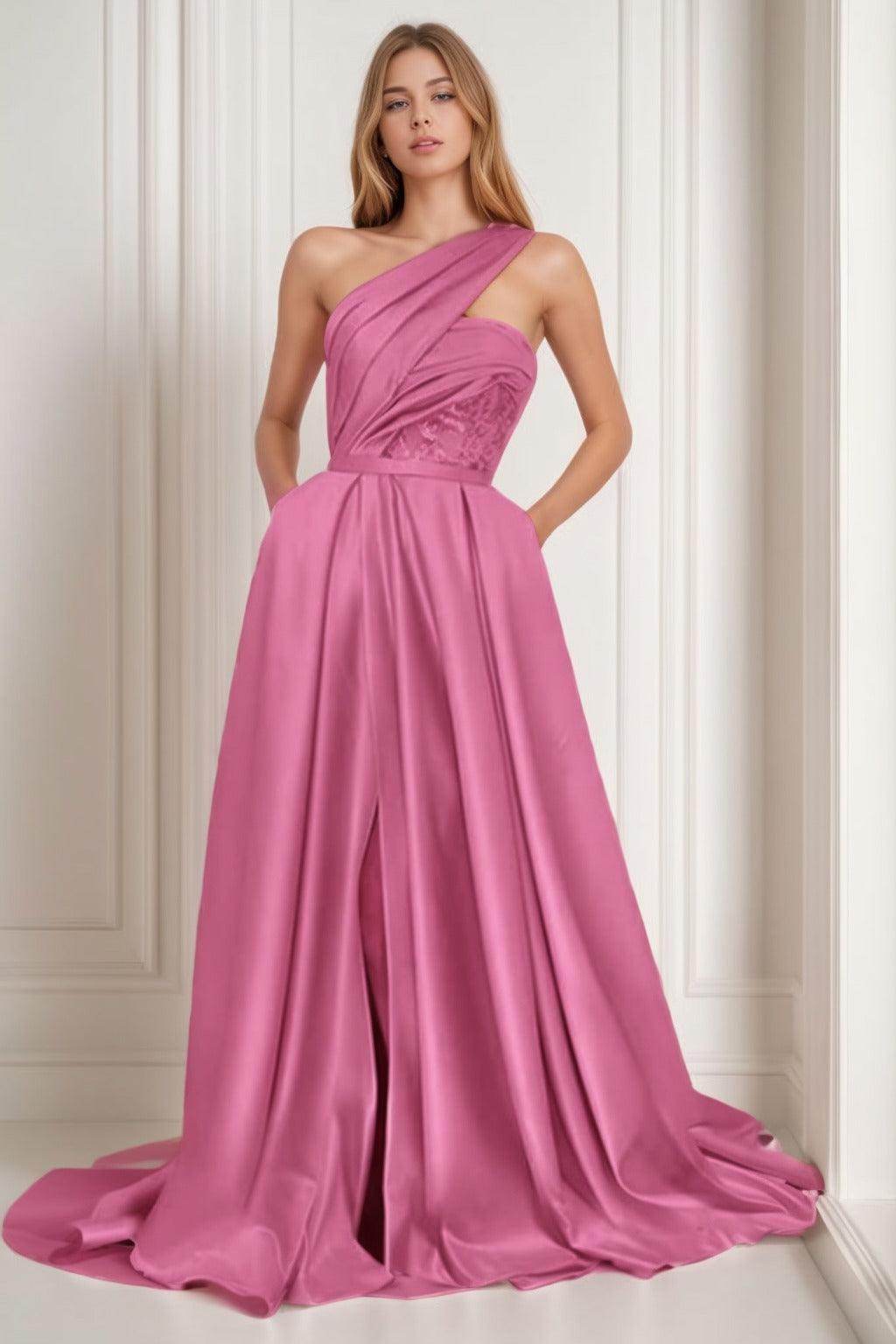 A-Line Sweep-Brush Train Satin Prom Dress CS0429