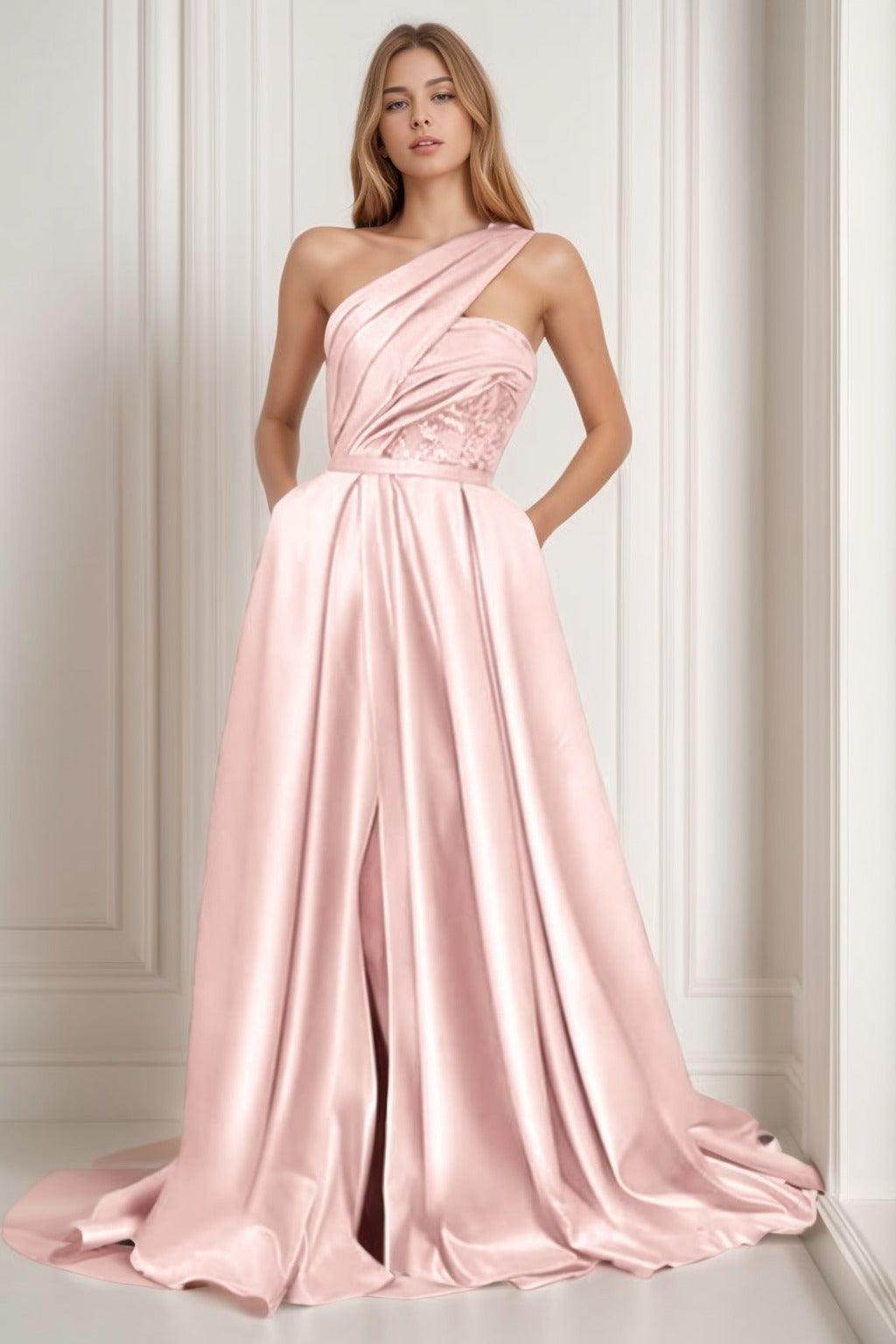 A-Line Sweep-Brush Train Satin Prom Dress CS0429