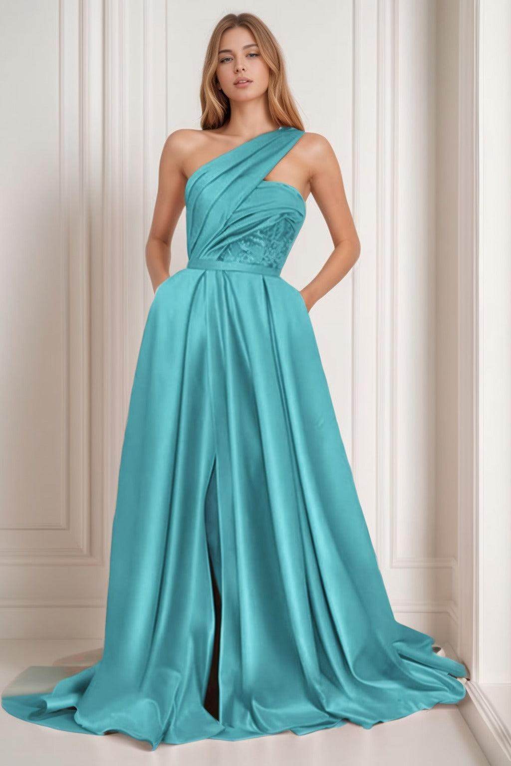 A-Line Sweep-Brush Train Satin Prom Dress CS0429