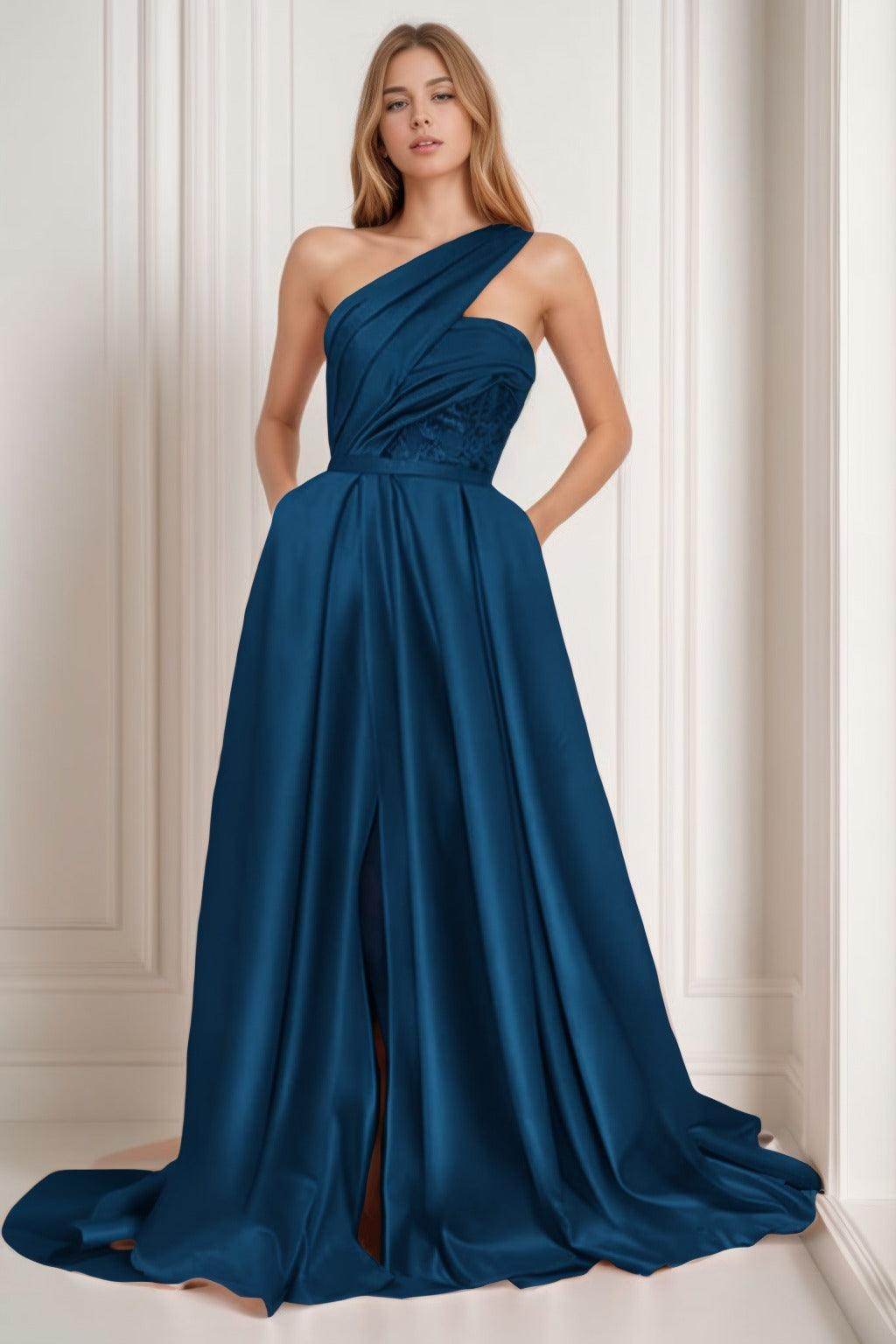A-Line Sweep-Brush Train Satin Prom Dress CS0429