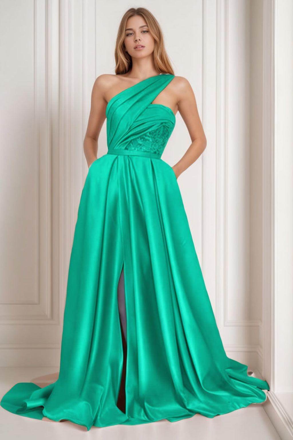 A-Line Sweep-Brush Train Satin Prom Dress CS0429