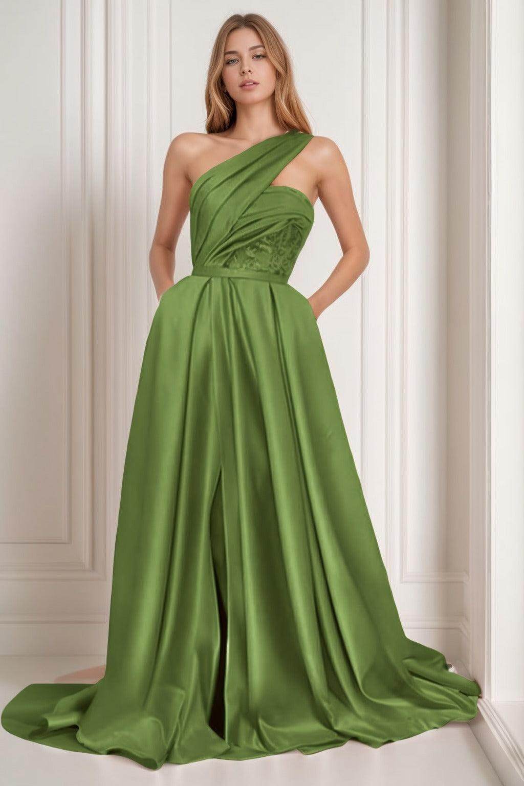 A-Line Sweep-Brush Train Satin Prom Dress CS0429